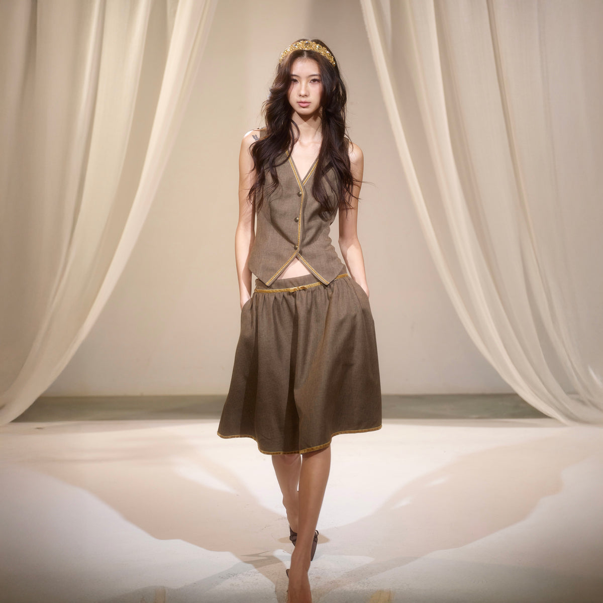 LVETONG Sailor-Collar Belted Vest & Gathered Skirt Set