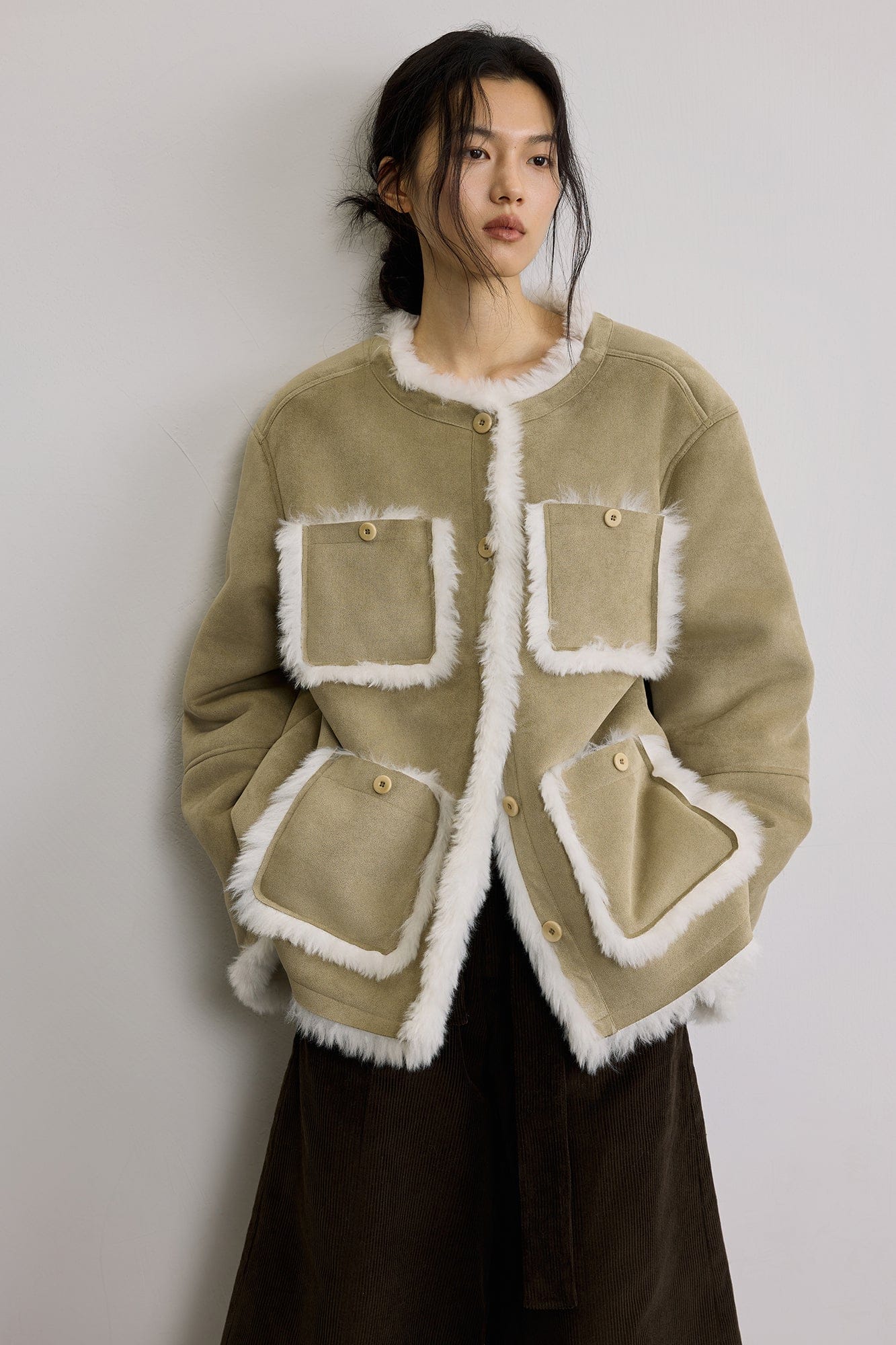 SAME FLOW Detachable Scarf Faux Shearling Suede Jacket