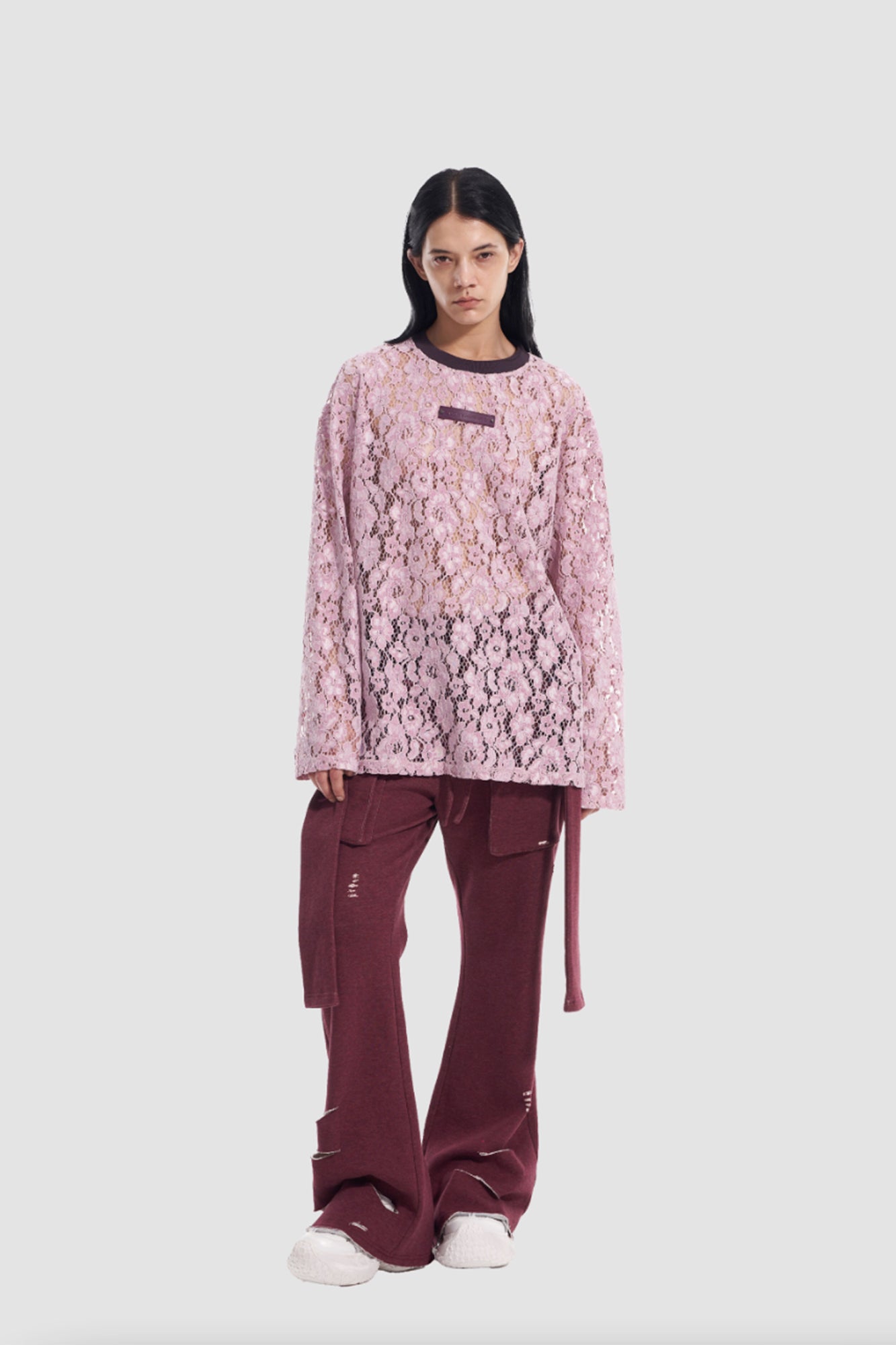 VANN VALRENCE Openwork Lace Contrast Crewneck Top
