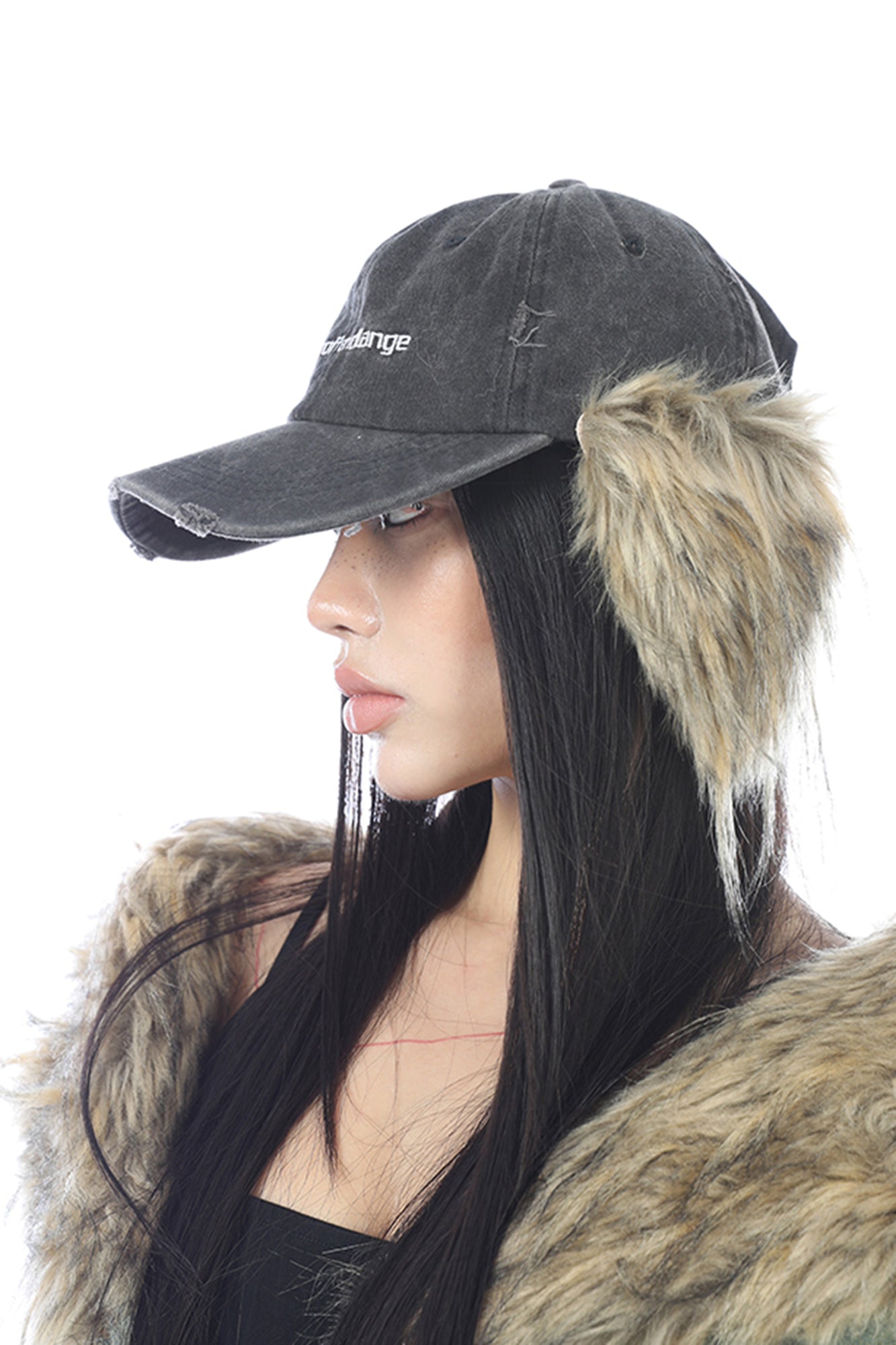 NEVER OFFEND L ANGEL Faux-Fur Ear Flaps Distressed Cap