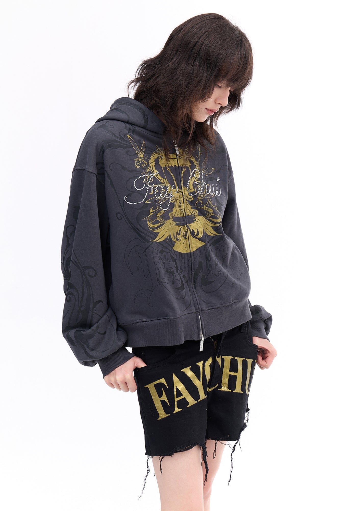 FAYCHUI Baroque Gold Foil Graphic Zip Hoodie
