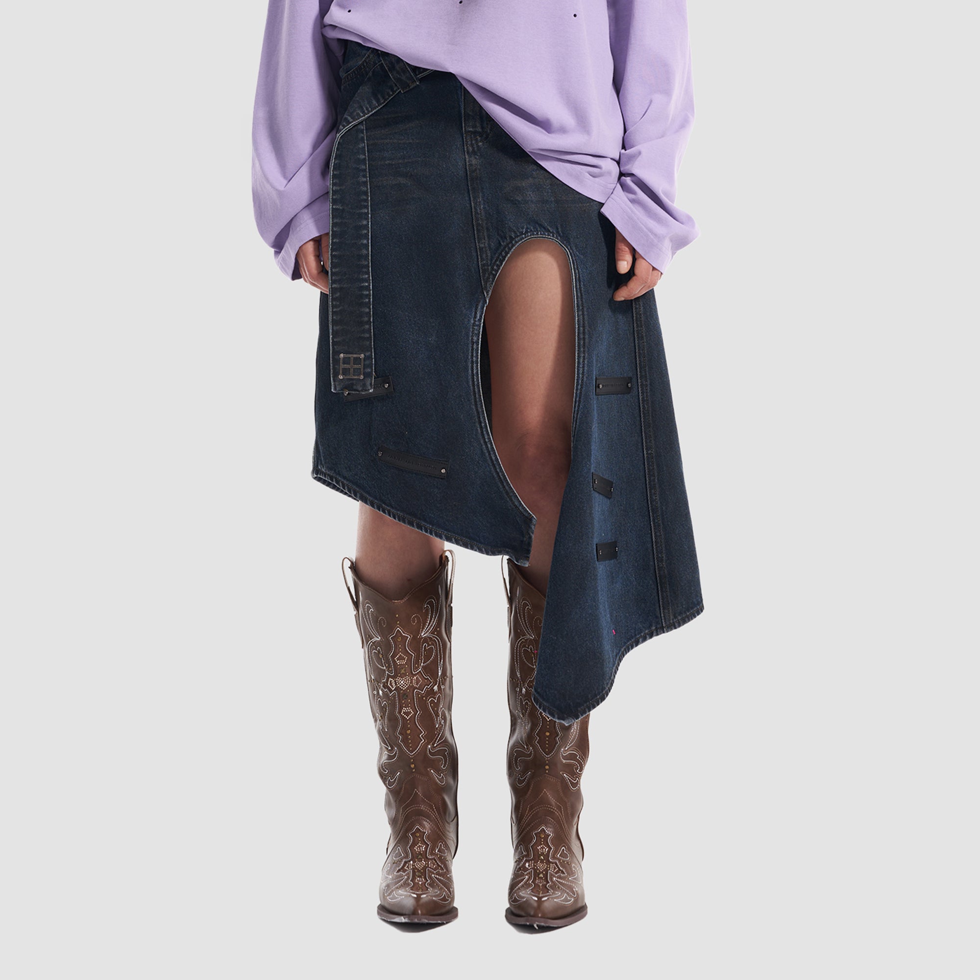 VANN VALRENCE Asym Cut-Out Deconstructed Denim Skirt