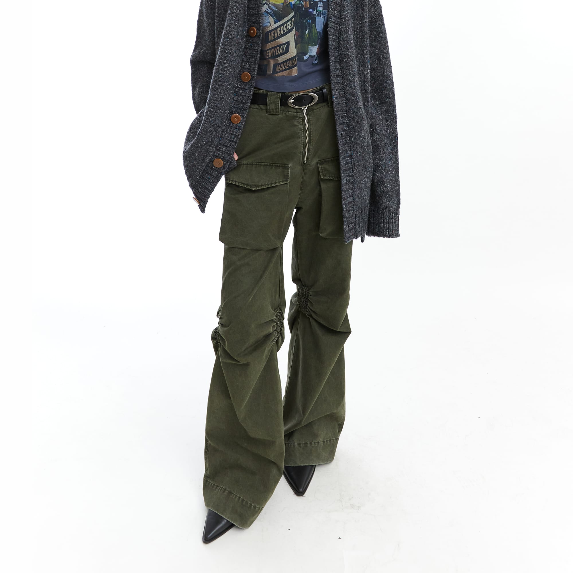 NEVERSEEZ Distressed Ruched-Knee Flared Cargo Pants