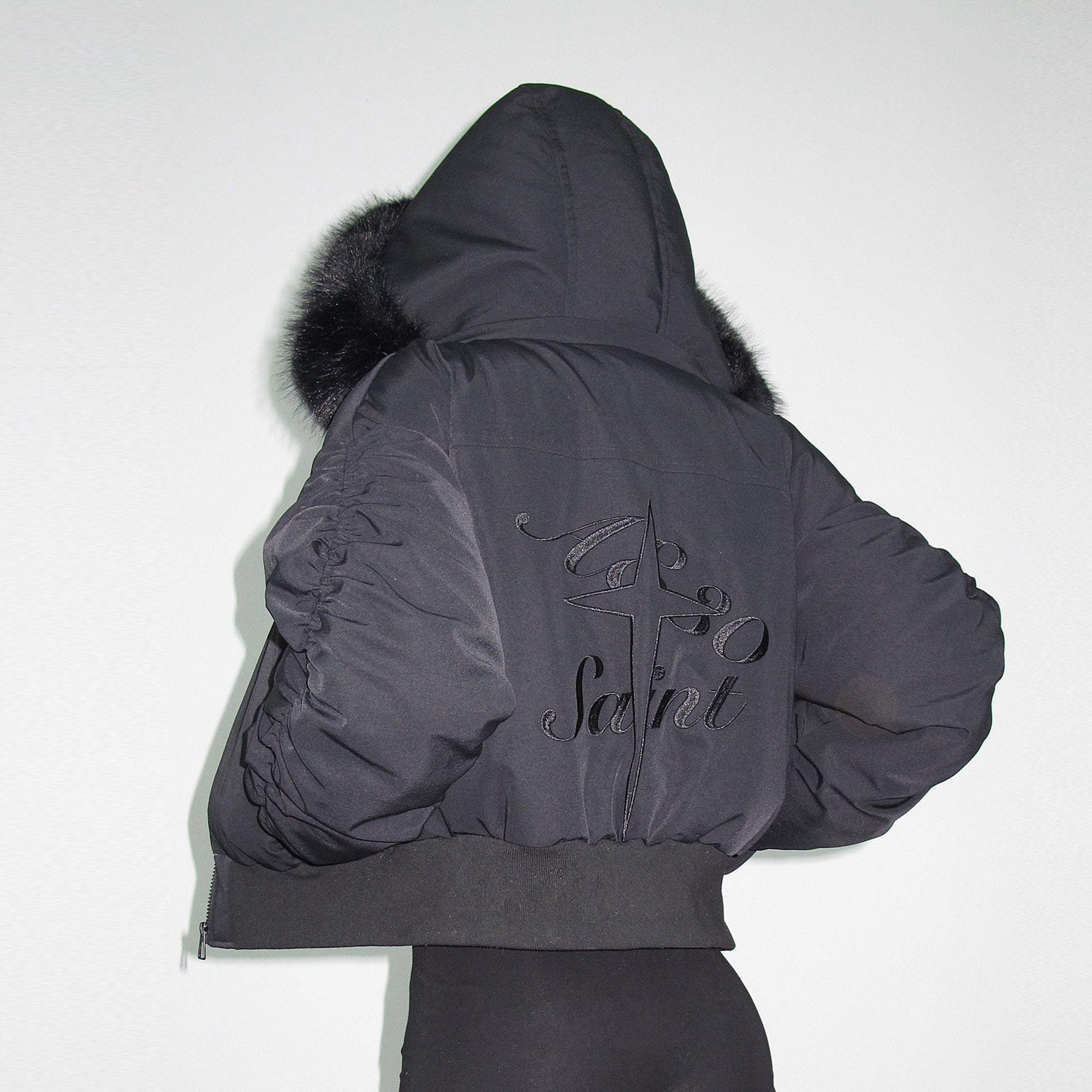 AE30 SAINT Detachable Trim Embroidery Ruched-Sleeve Down Jacket