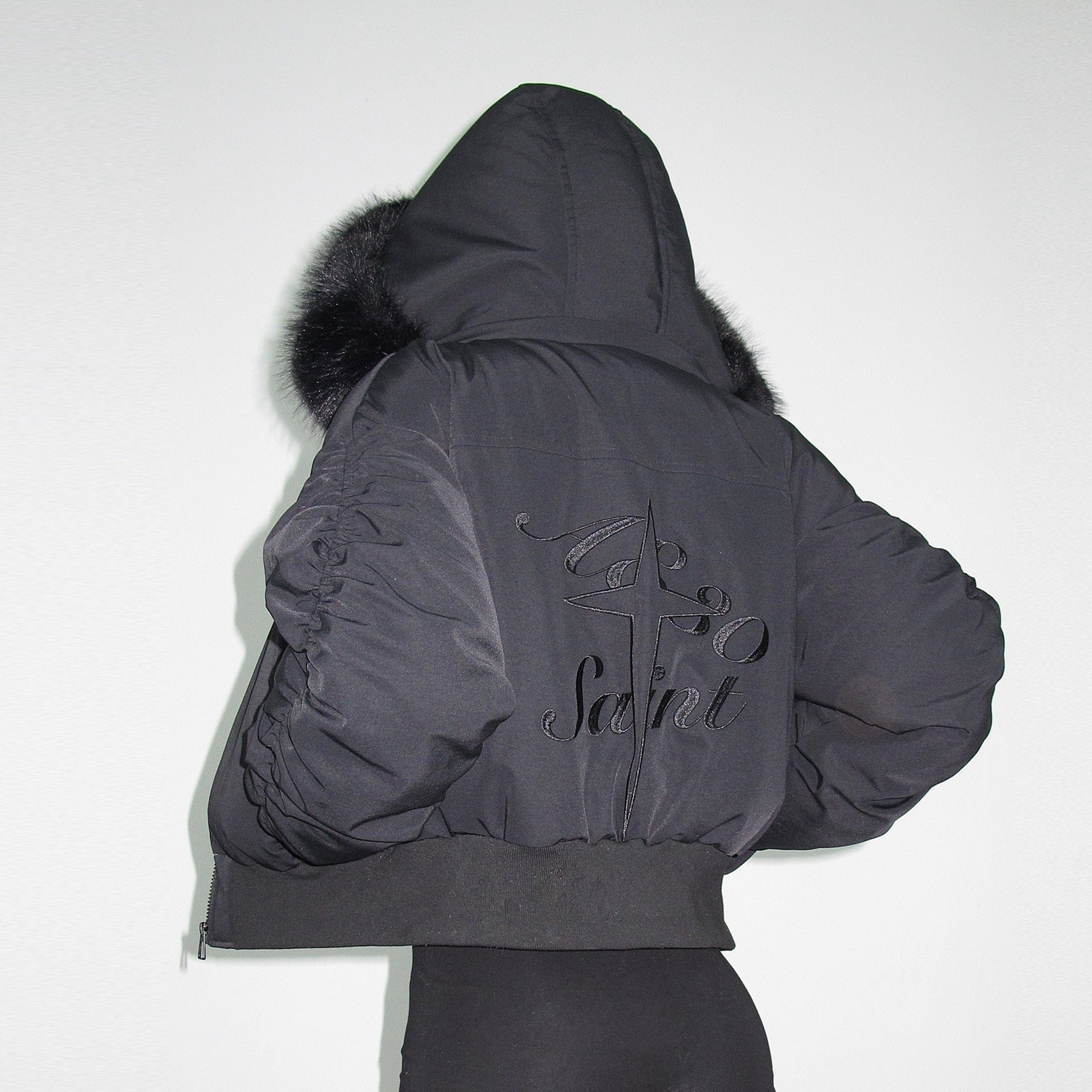 AE30 SAINT Detachable Trim Embroidery Ruched-Sleeve Down Jacket