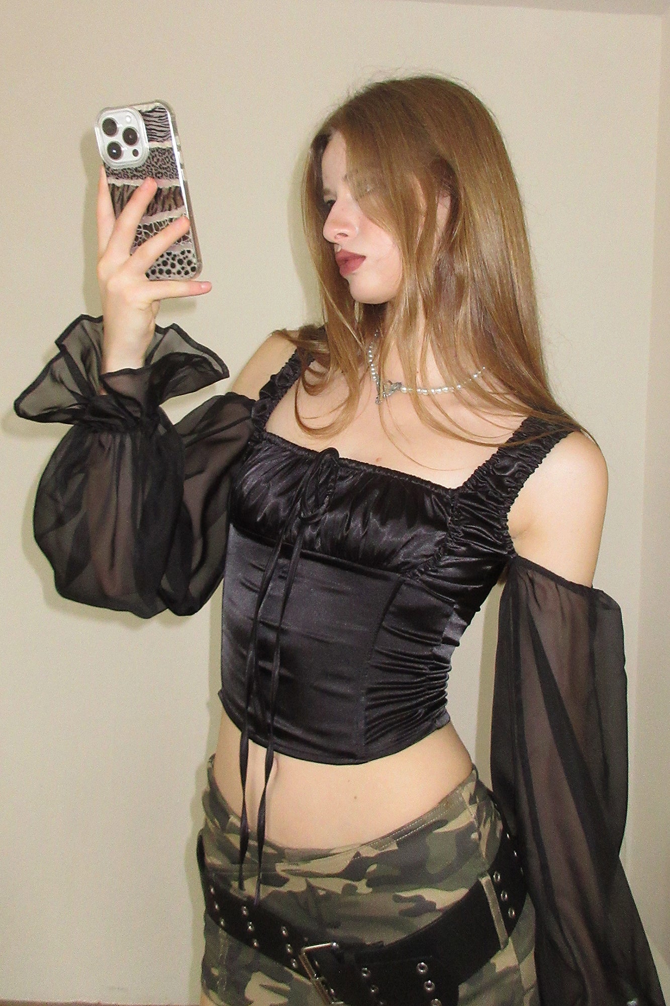 AE30 SAINT Sheer Sleeves Satin Corset Top