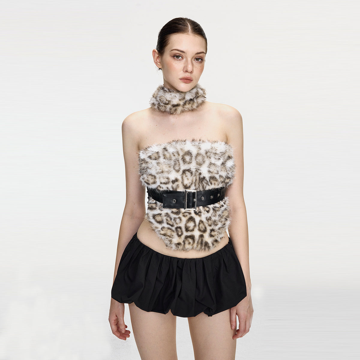AE30 SAINT Faux Fur Spliced Belted Halter Top