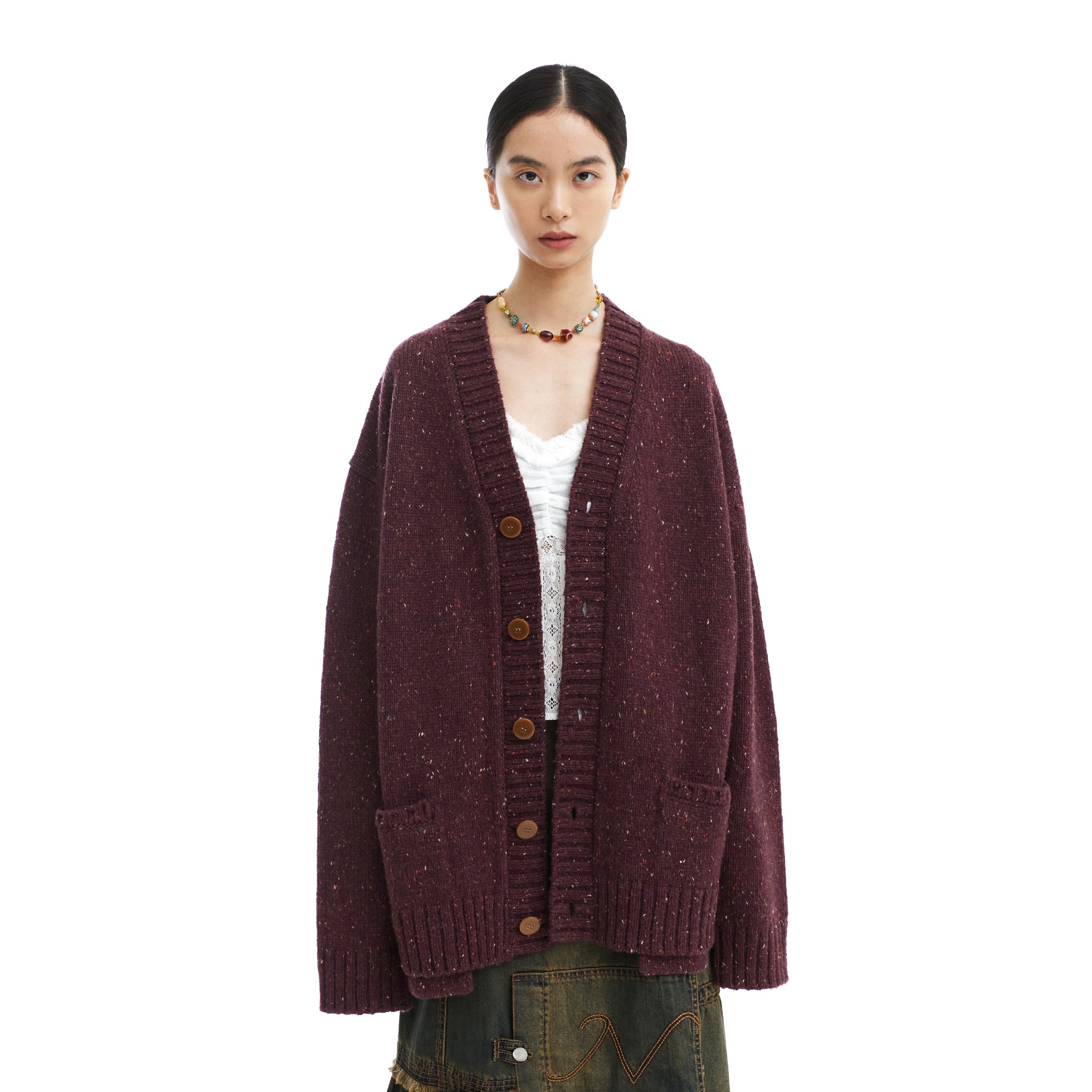 NEVERSEEZ Flecked Knit Rib-Trim Cardigan