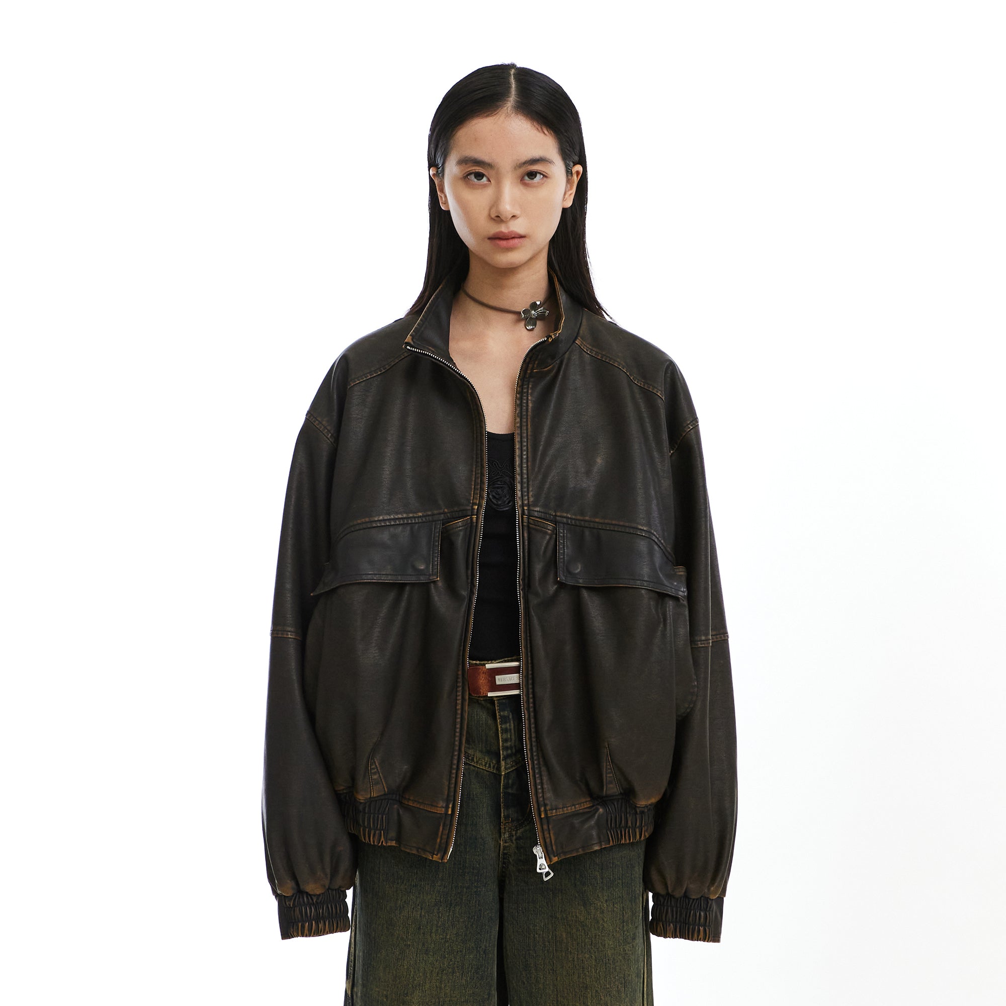NEVERSEEZ Washed Faux Leather Zip-Up Bomber Jacket