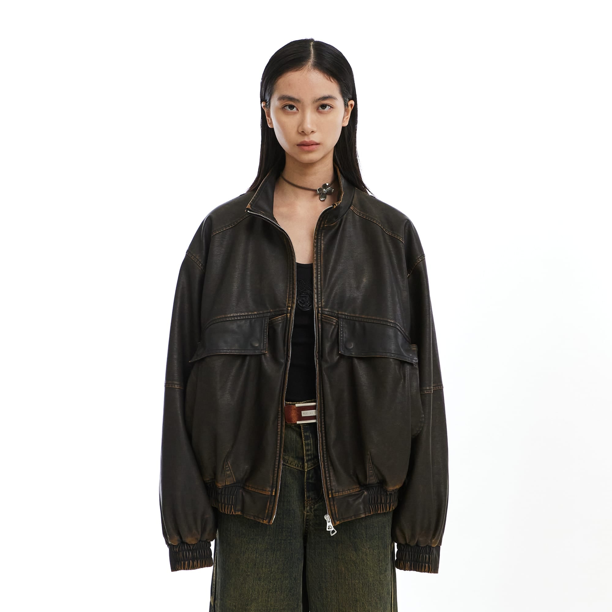 NEVERSEEZ Washed Faux Leather Zip-Up Bomber Jacket