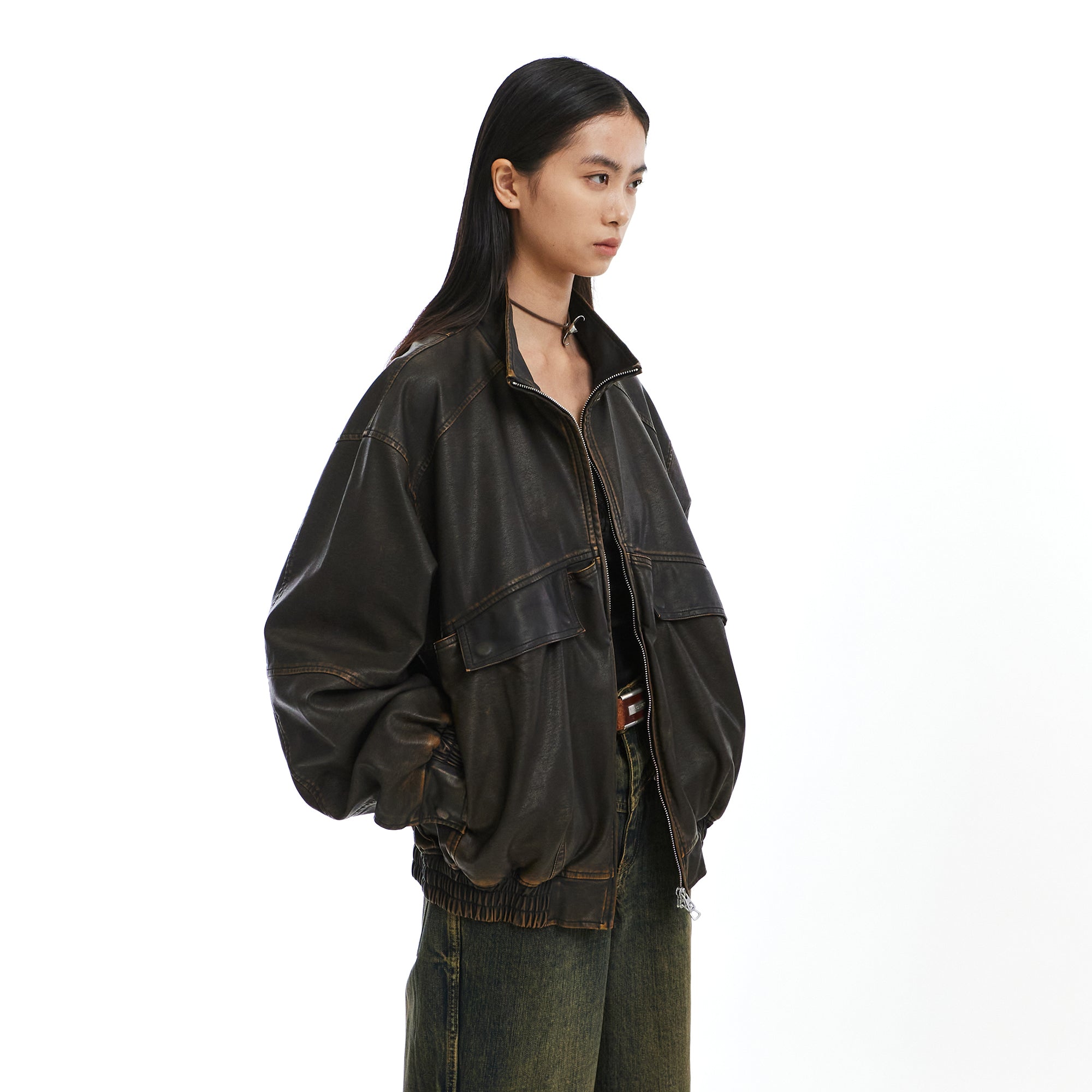 NEVERSEEZ Washed Faux Leather Zip-Up Bomber Jacket