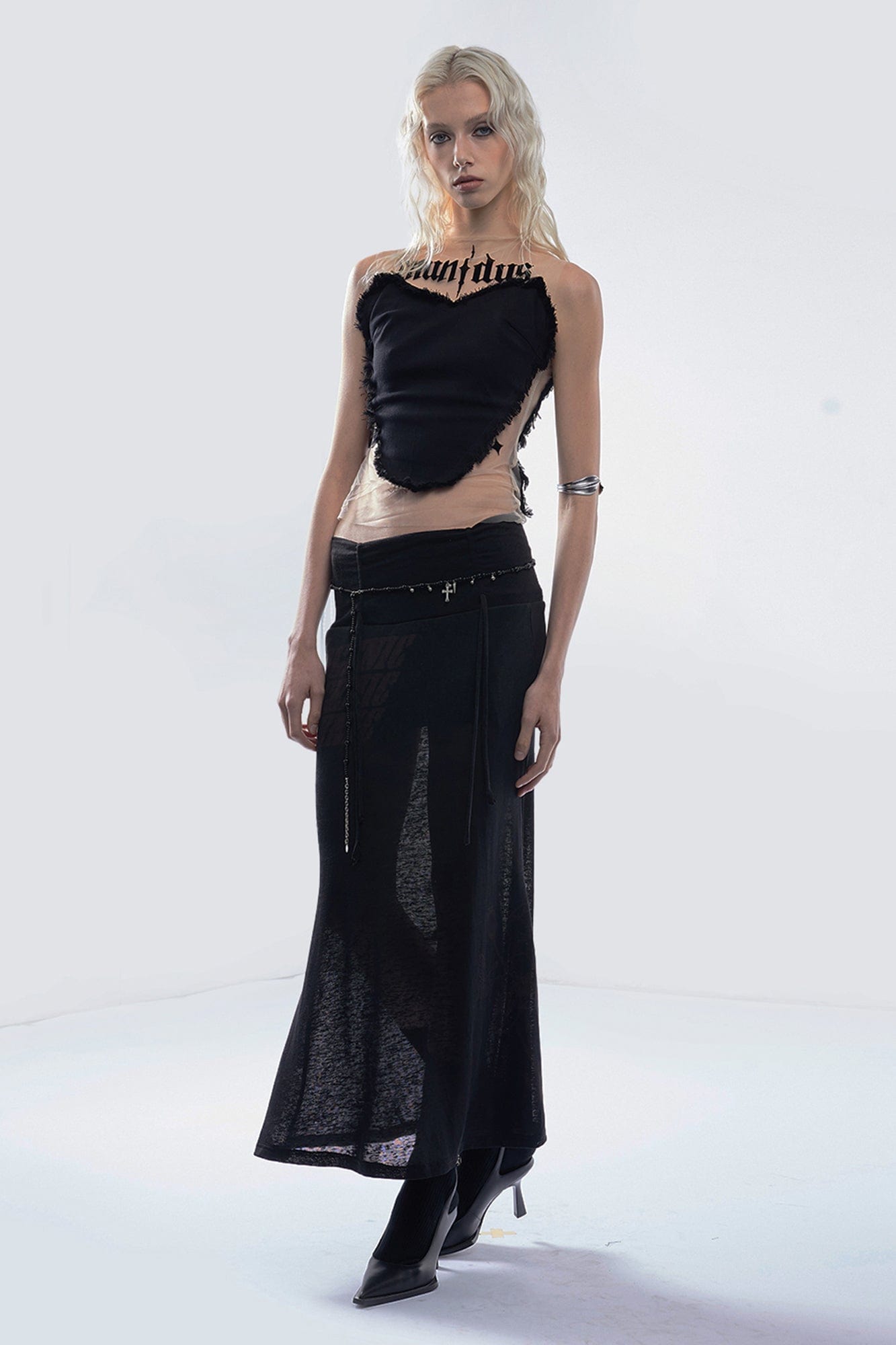 EMOHA Frayed Spliced Heart Mesh Top