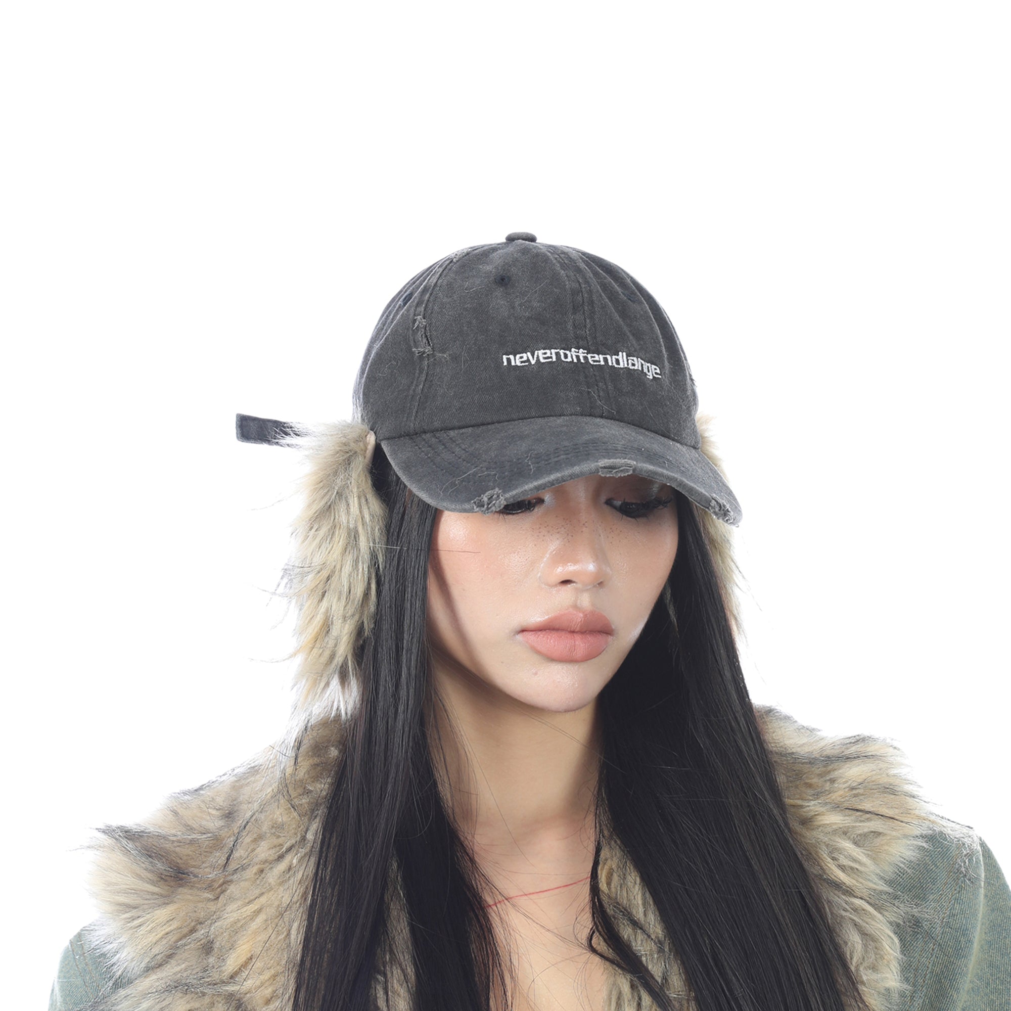 NEVER OFFEND L ANGEL Faux-Fur Ear Flaps Distressed Cap
