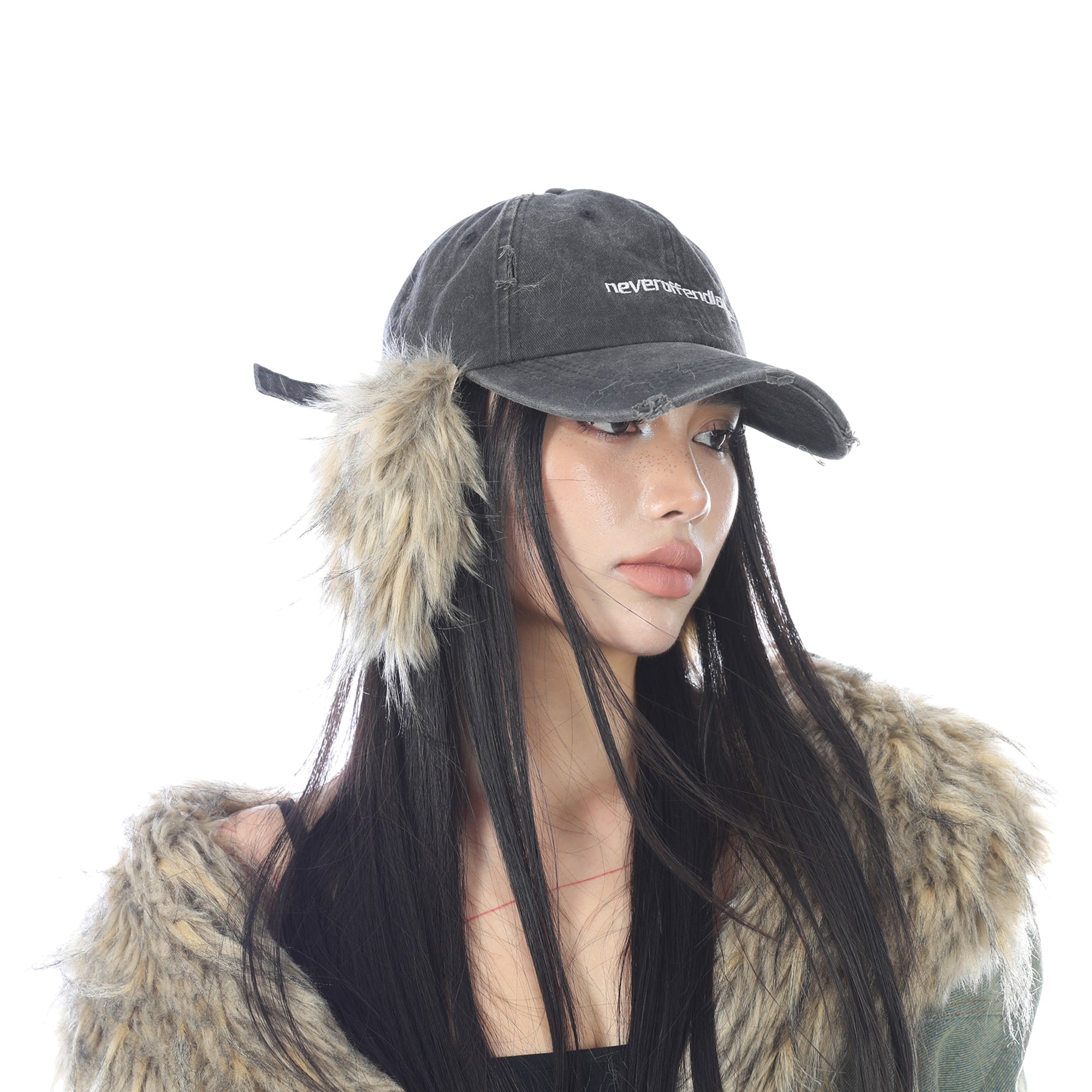 NEVER OFFEND L ANGEL Faux-Fur Ear Flaps Distressed Cap