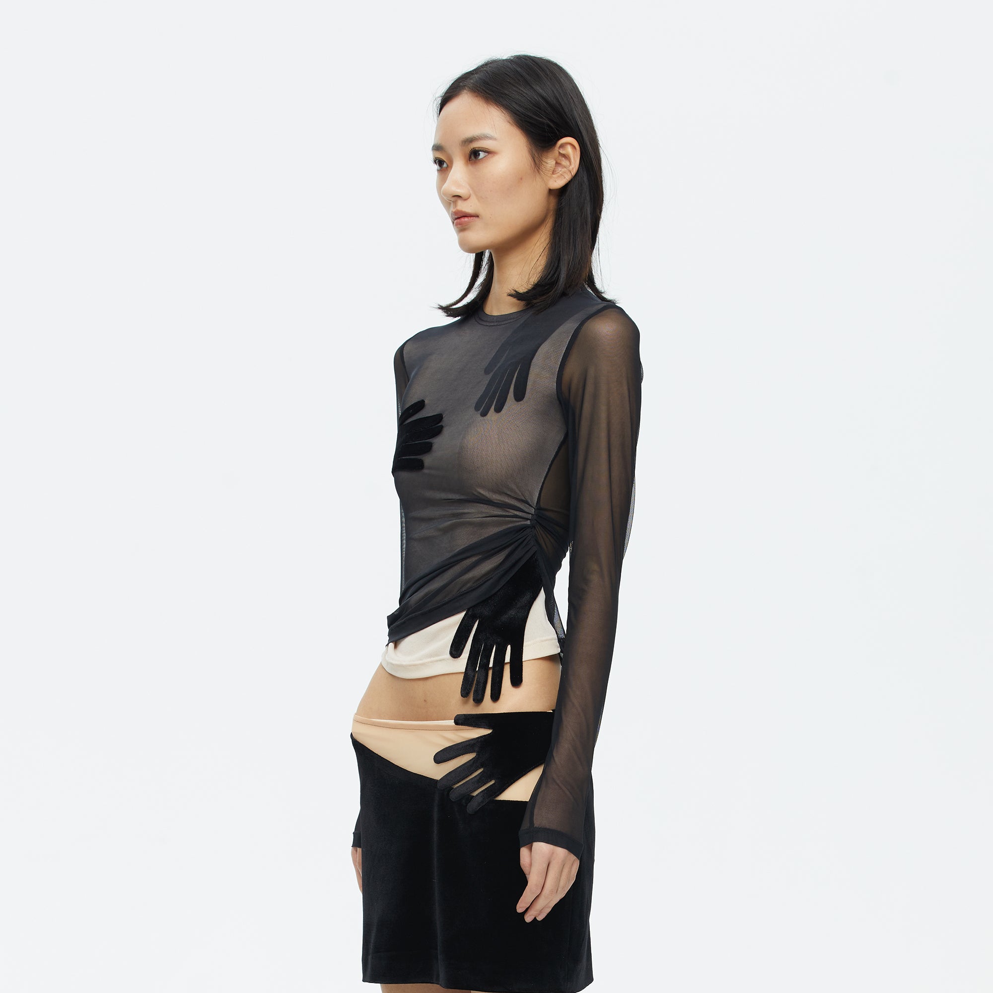 SCARLET SAGE Velvet Hand Detail Mesh Long-Sleeve Tee