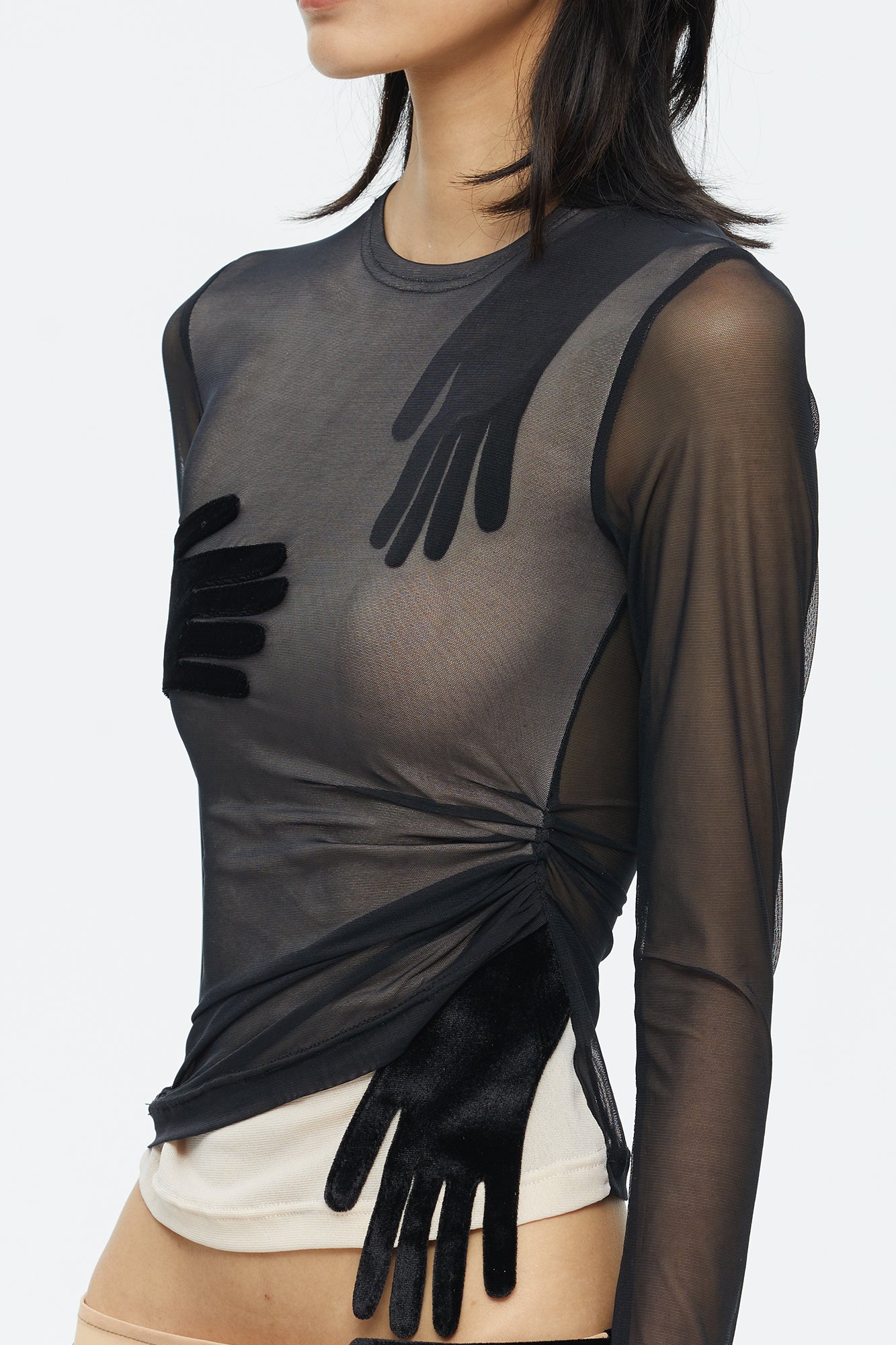 SCARLET SAGE Velvet Hand Detail Mesh Long-Sleeve Tee