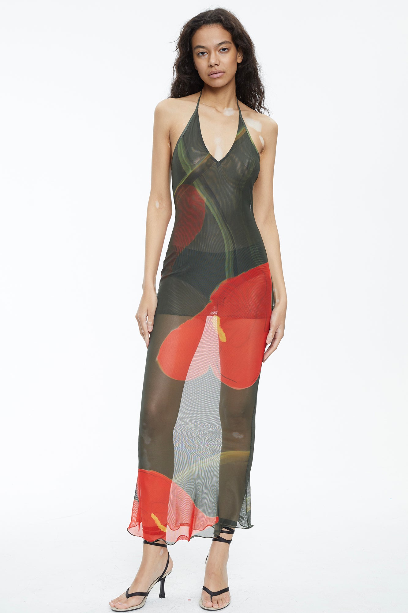 SCARLET SAGE Floral Mesh Halter Backless Fitted Dress