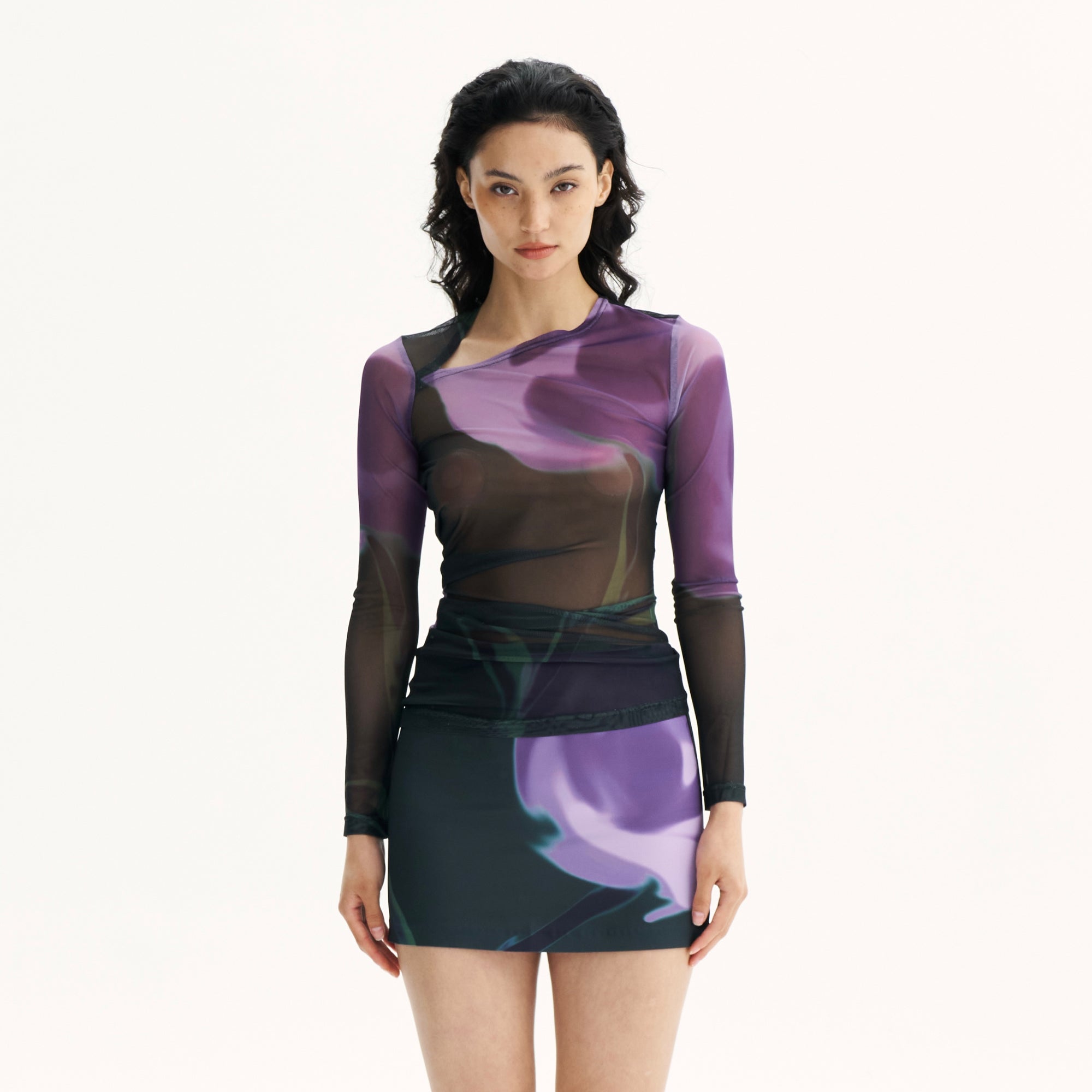 SCARLET SAGE Asymmetrical Floral Full-Print Mesh Top & Mini Skirt Set