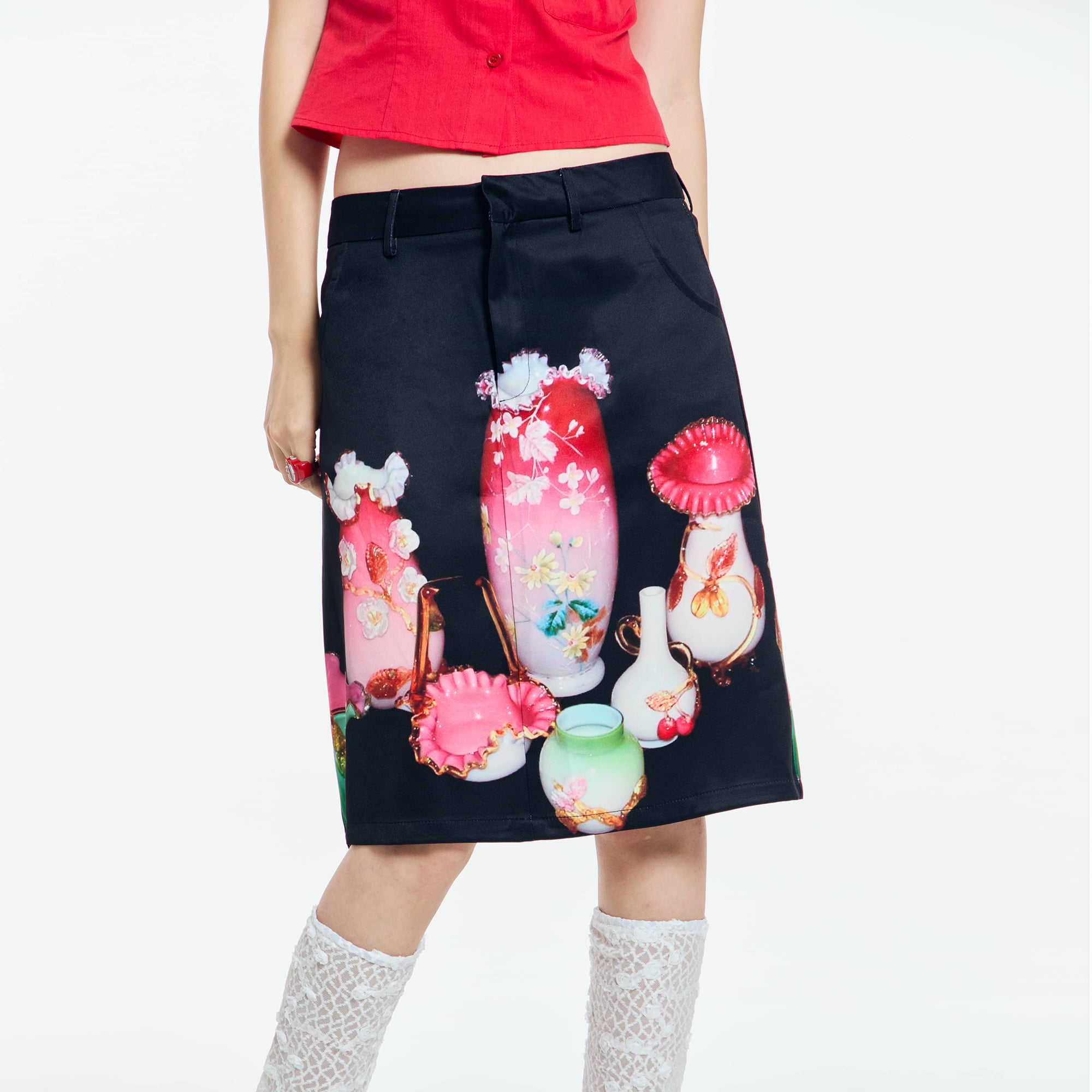 HAVEAMEAL Full-Print Retro Vase Straight Skirt