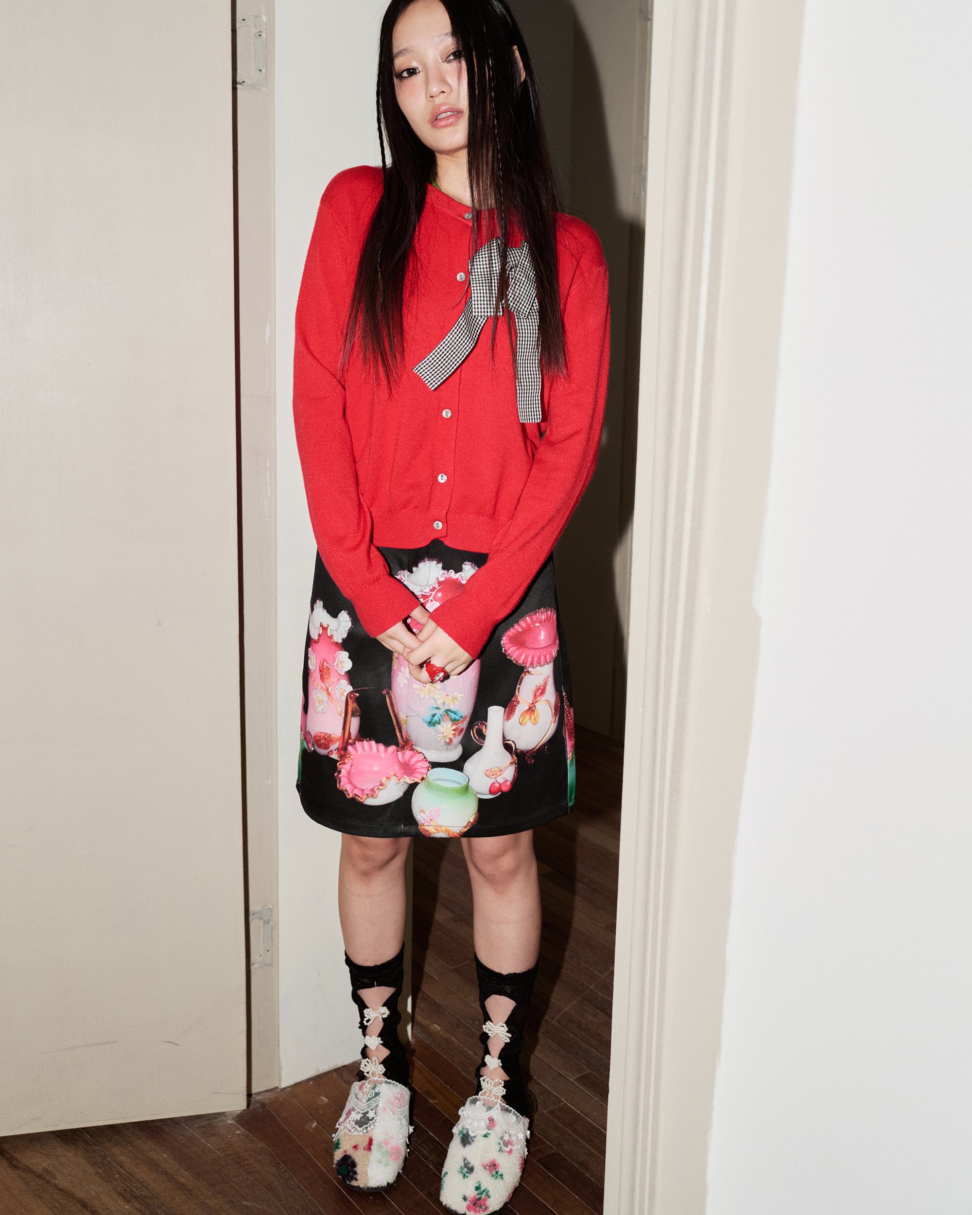 HAVEAMEAL Full-Print Retro Vase Straight Skirt