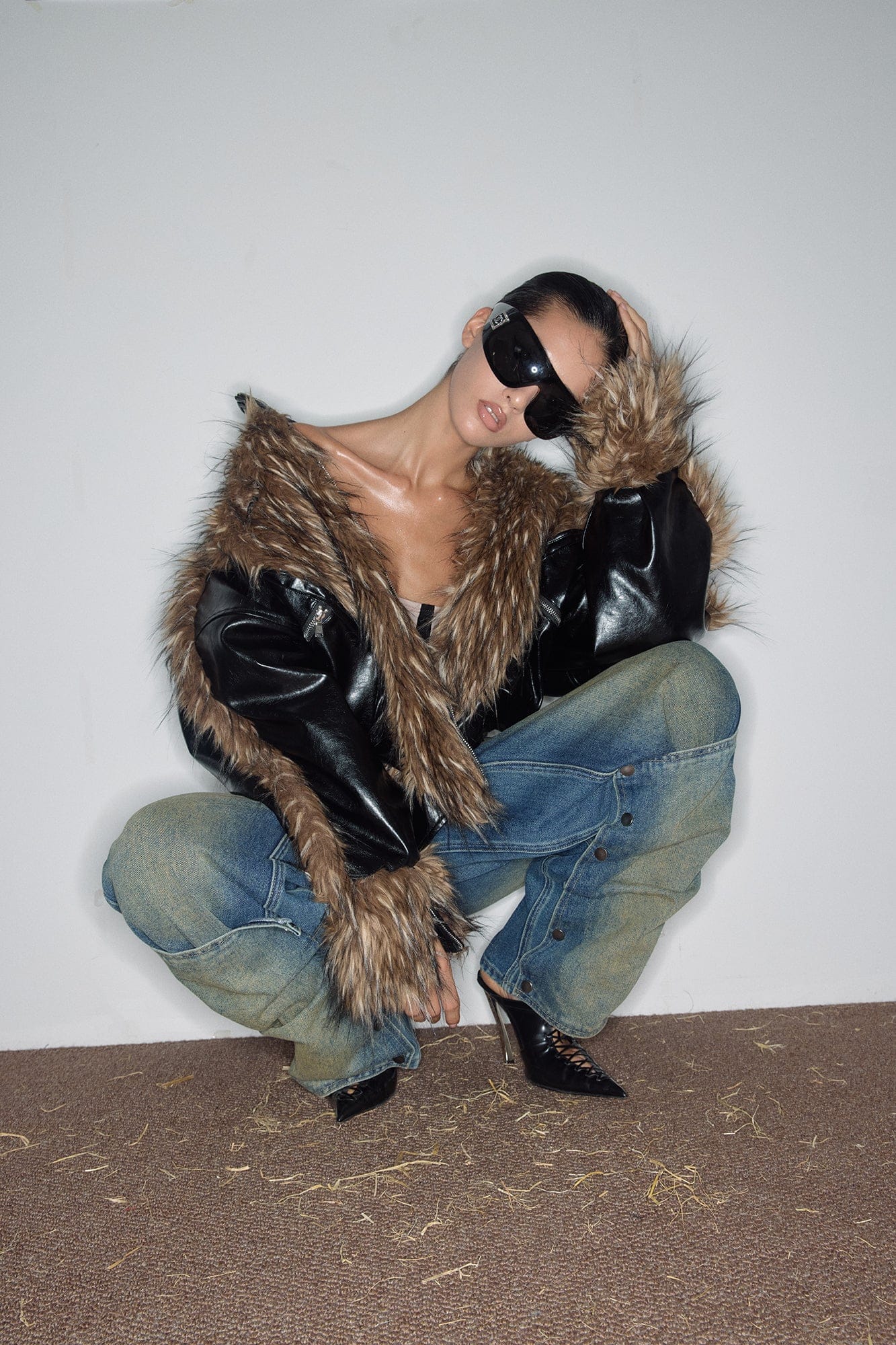 NEVER OFFEND L ANGEL Paneled Faux-Leather & Shag Fur Jacket