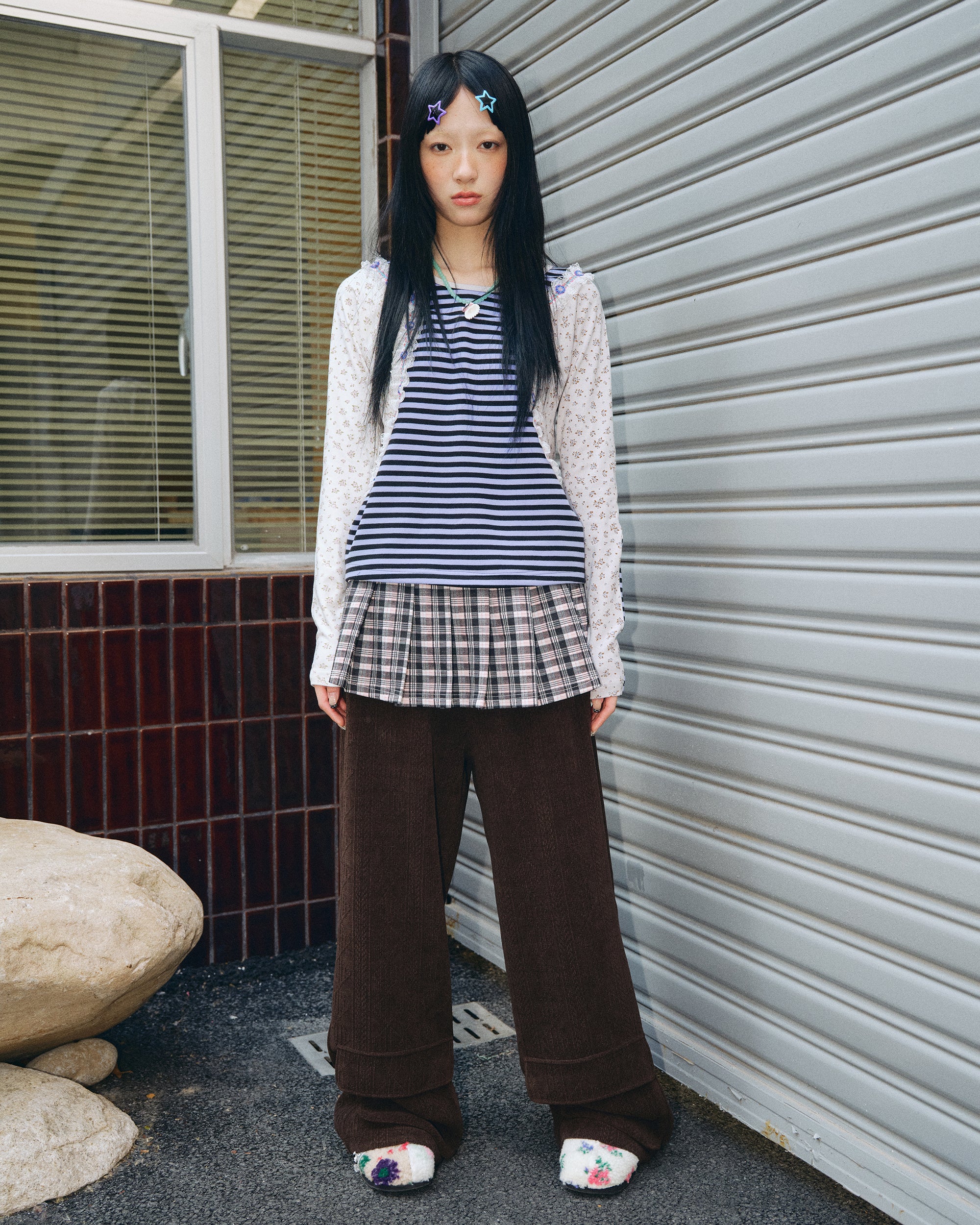 HAVEAMEAL Stripe Floral Lace Spliced Long-Sleeve Tee