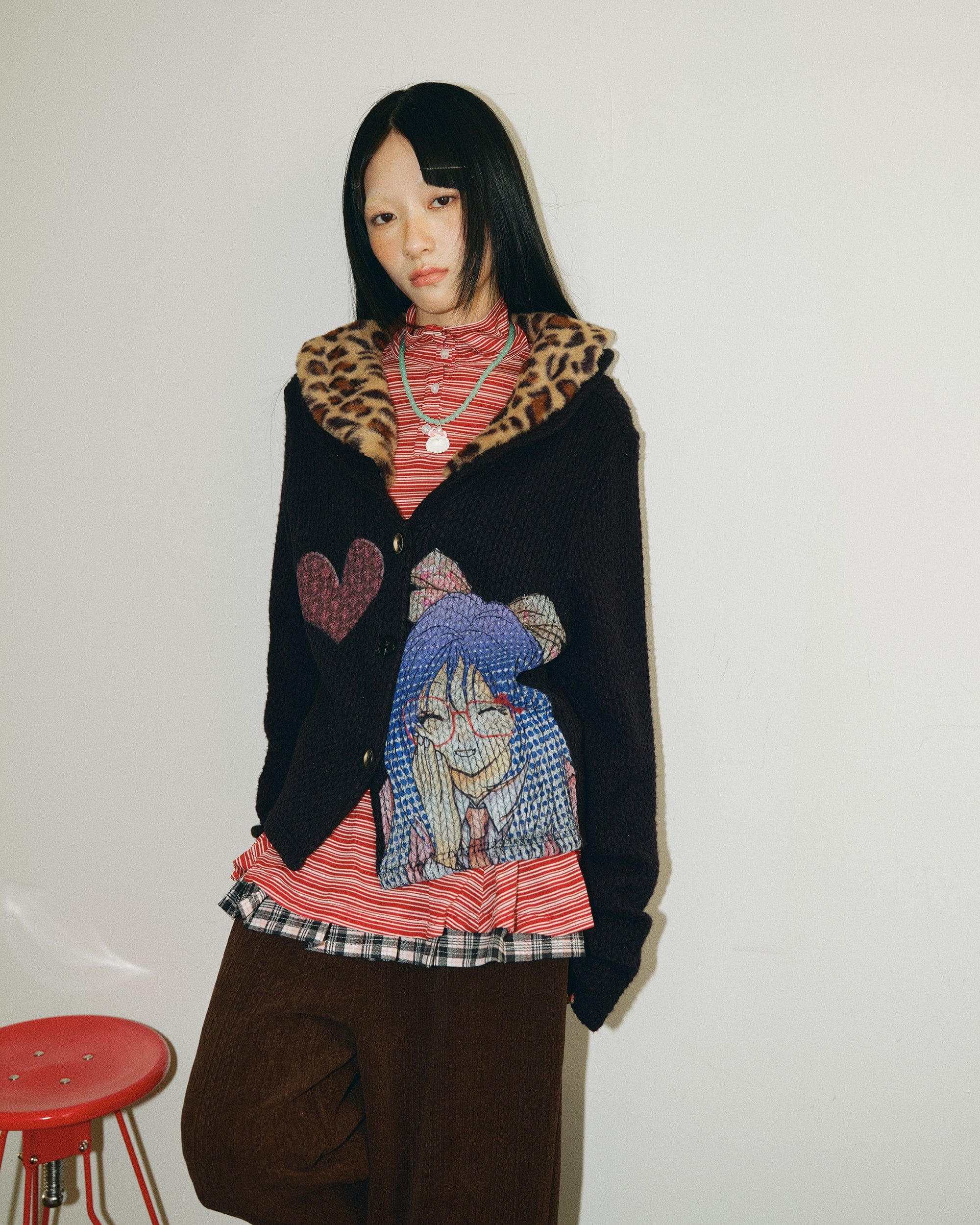 HAVE A MEAL Retro Graphic Leopard Collar Cardigan