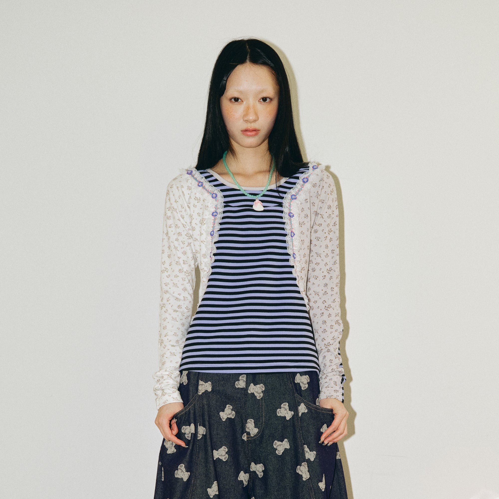 HAVEAMEAL Stripe Floral Lace Spliced Long-Sleeve Tee
