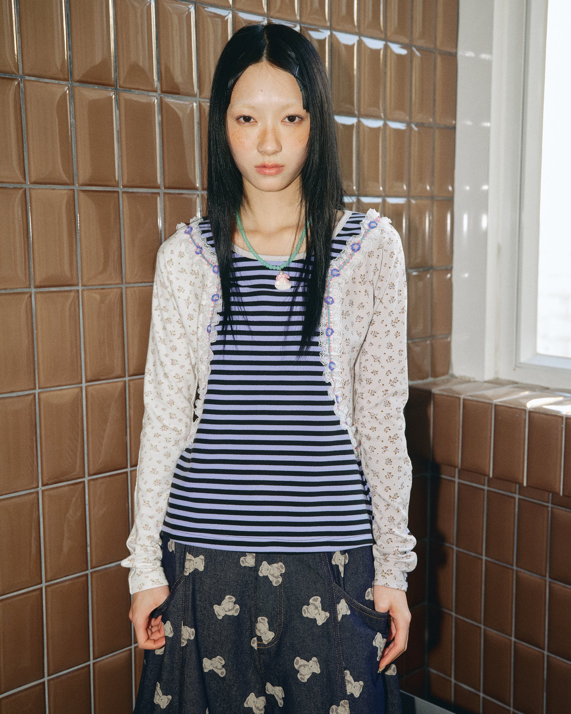 HAVEAMEAL Stripe Floral Lace Spliced Long-Sleeve Tee