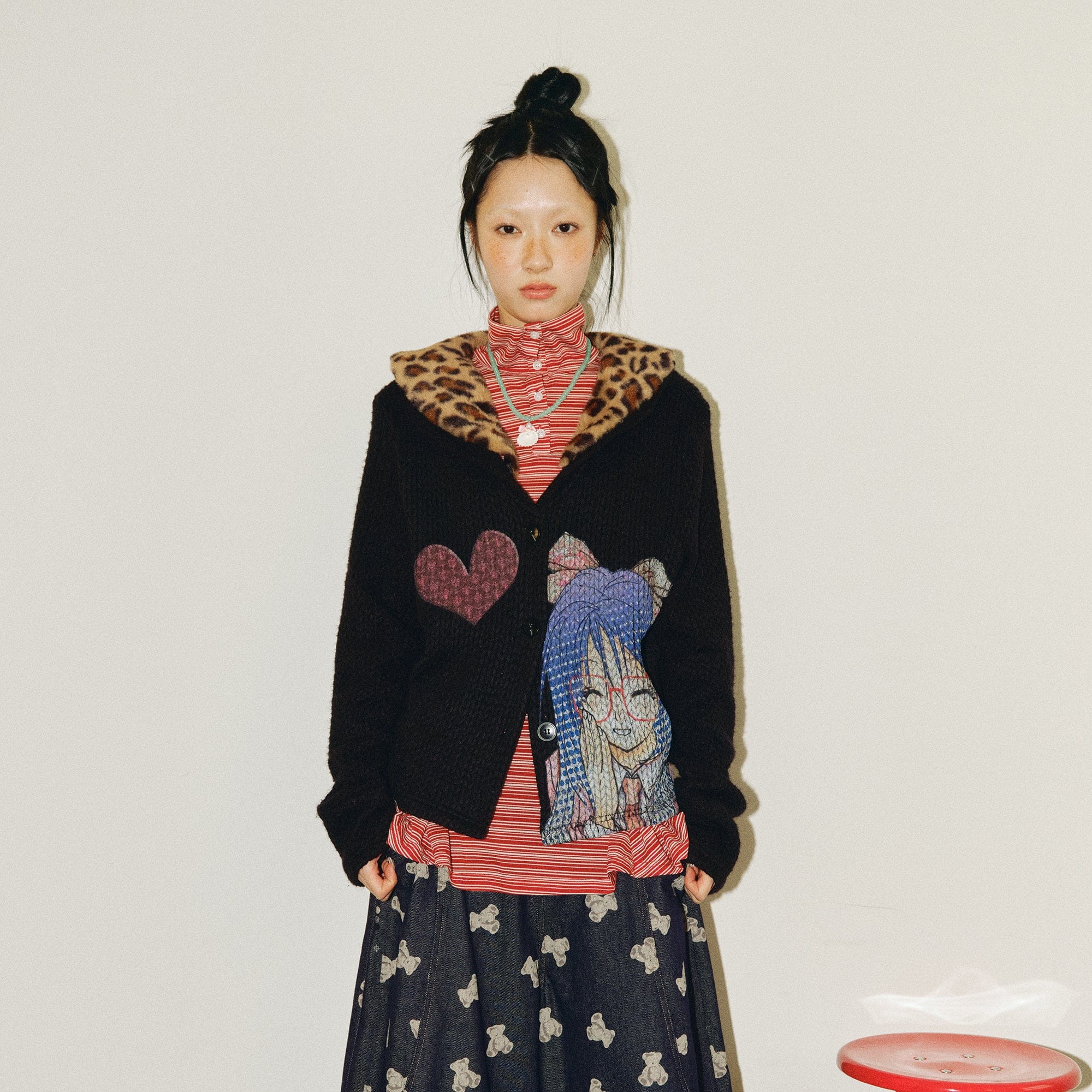 HAVE A MEAL Retro Graphic Leopard Collar Cardigan