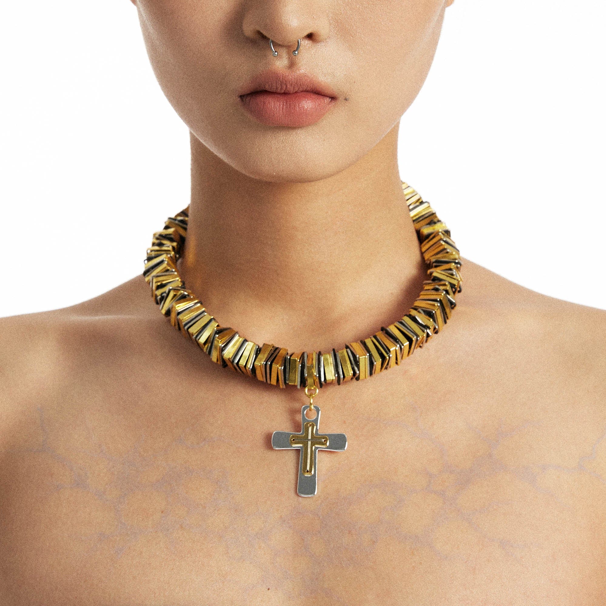 SCHWARZGOLD Two-Tone Threaded Cross Necklace, premium urban and streetwear designers apparel on PROJECTISR.com, SCHWARZGOLD