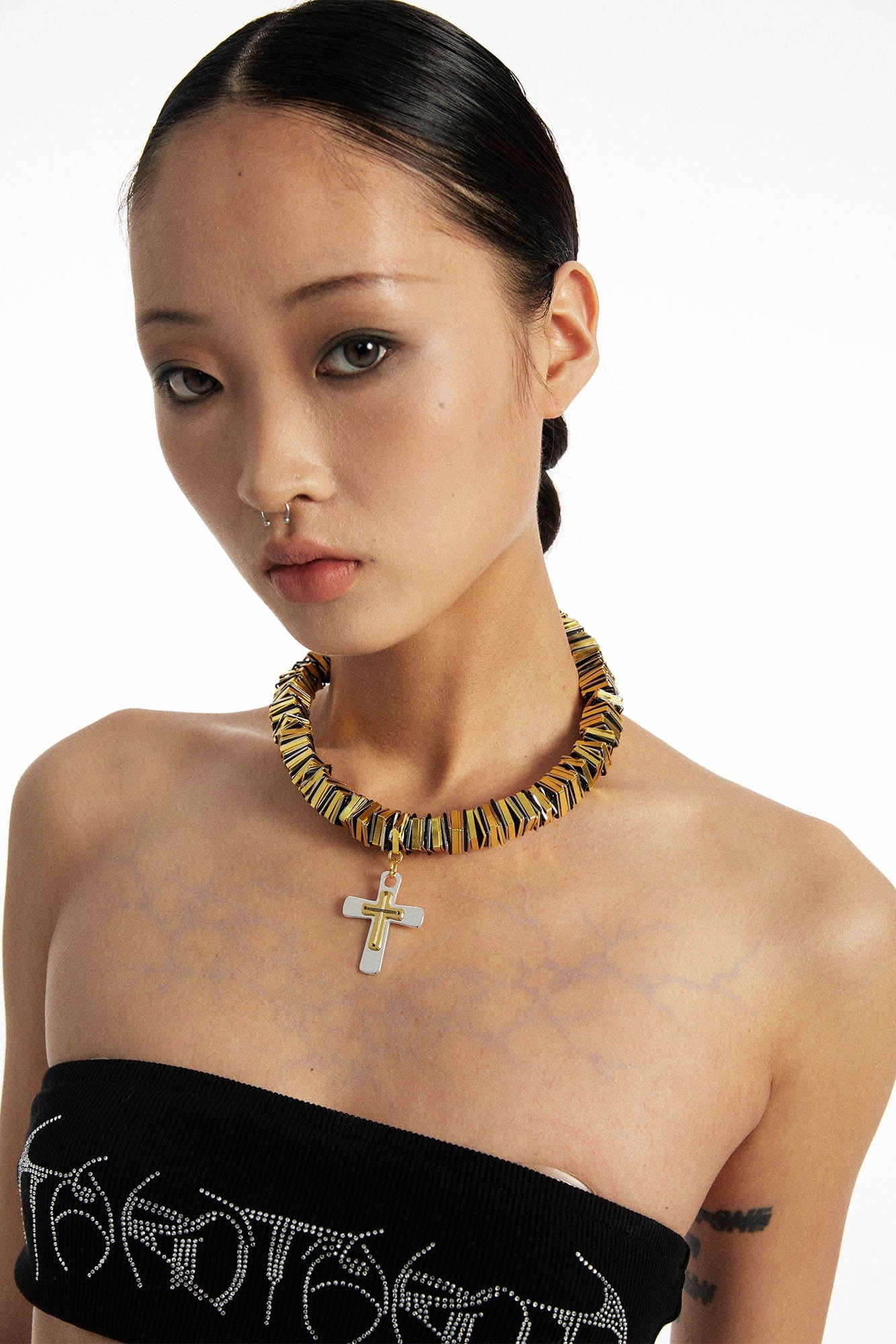 SCHWARZGOLD Two-Tone Threaded Cross Necklace, premium urban and streetwear designers apparel on PROJECTISR.com, SCHWARZGOLD