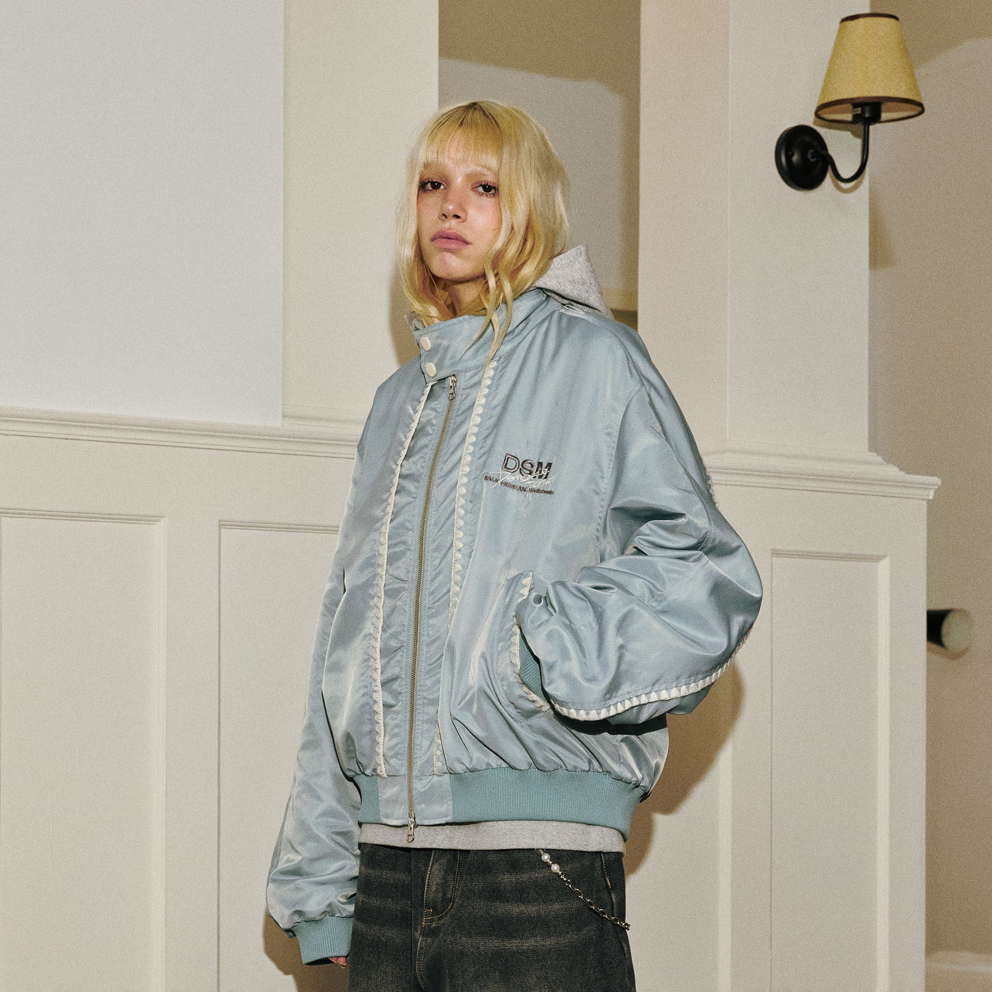DONSMOKE Glossy Contrast Whipstitch Bomber Jacket