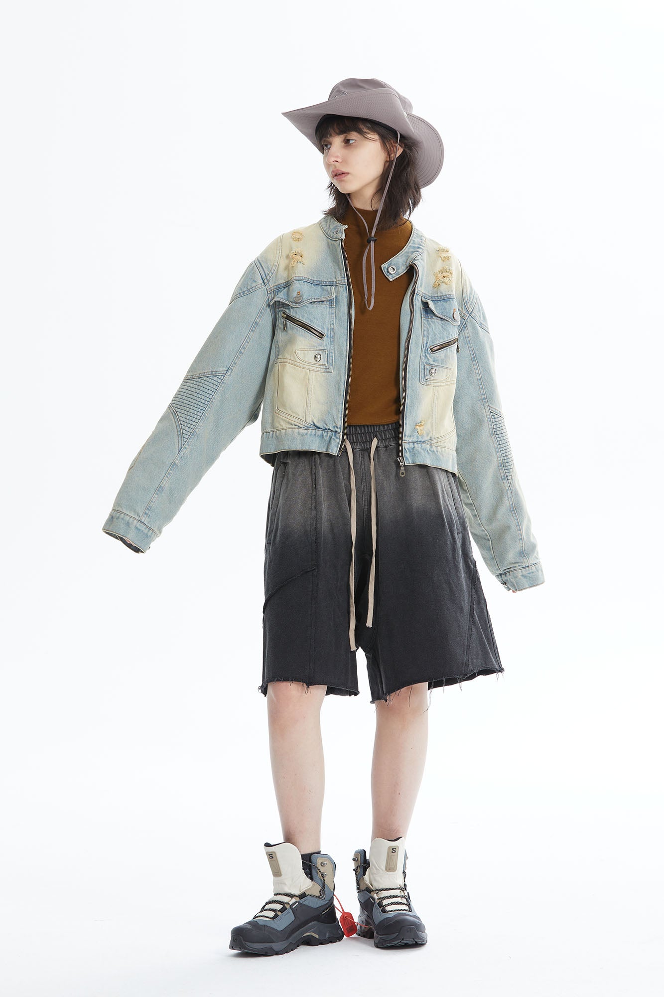ERROR CODE ROBOT Distressed Washed Cropped Biker Denim Jacket