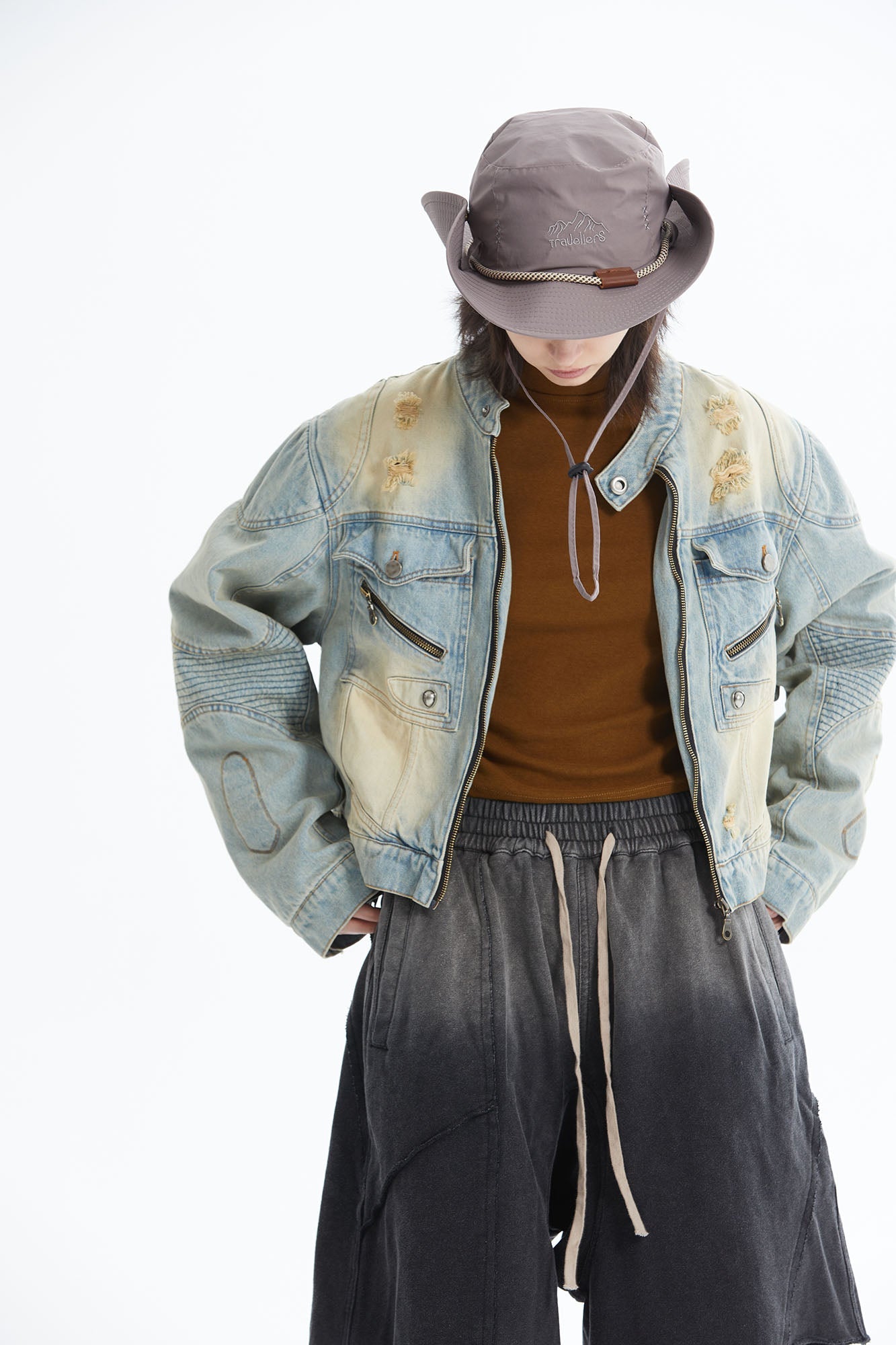 ERROR CODE ROBOT Distressed Washed Cropped Biker Denim Jacket