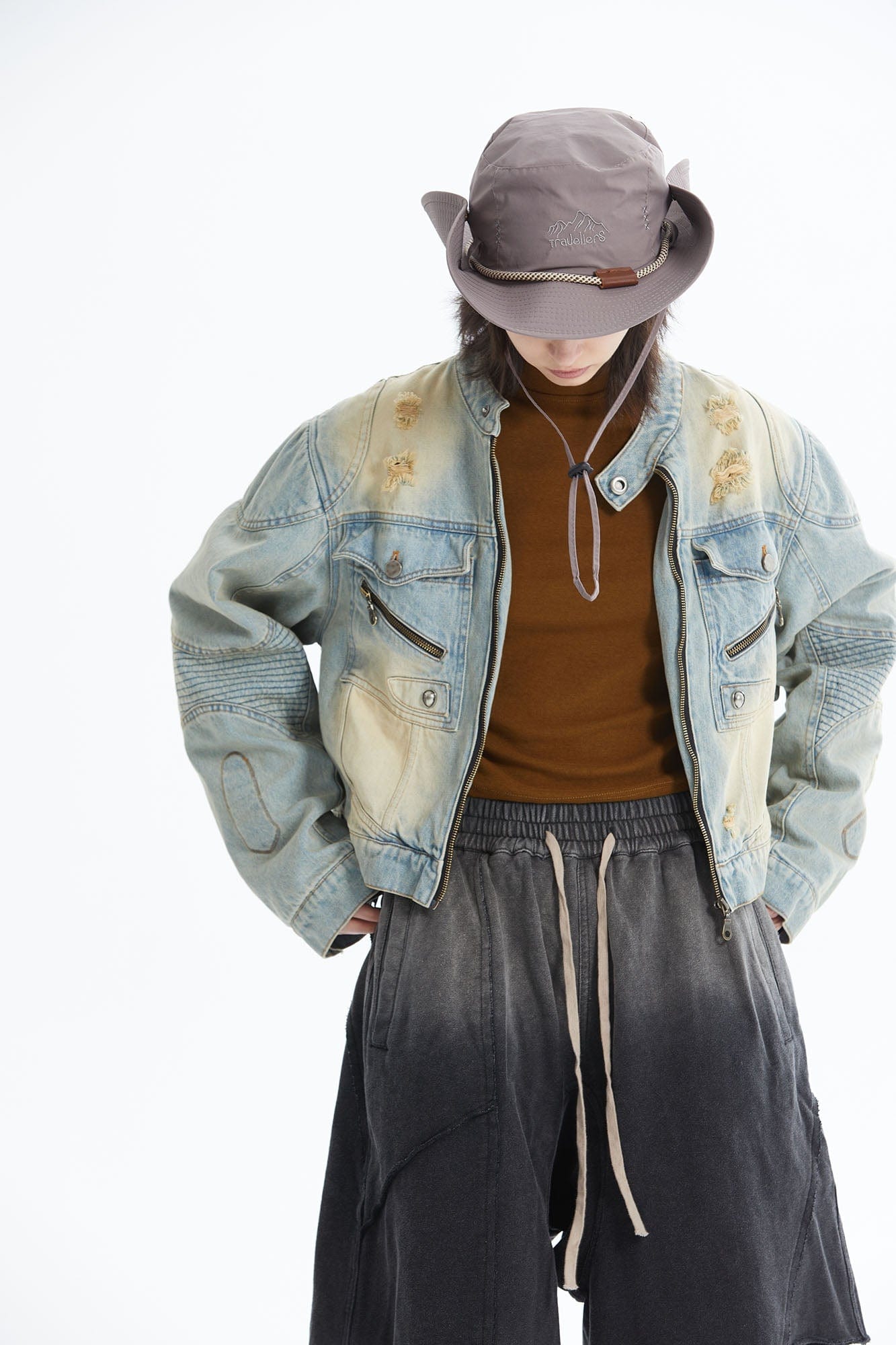 ERROR CODE ROBOT Distressed Washed Cropped Biker Denim Jacket