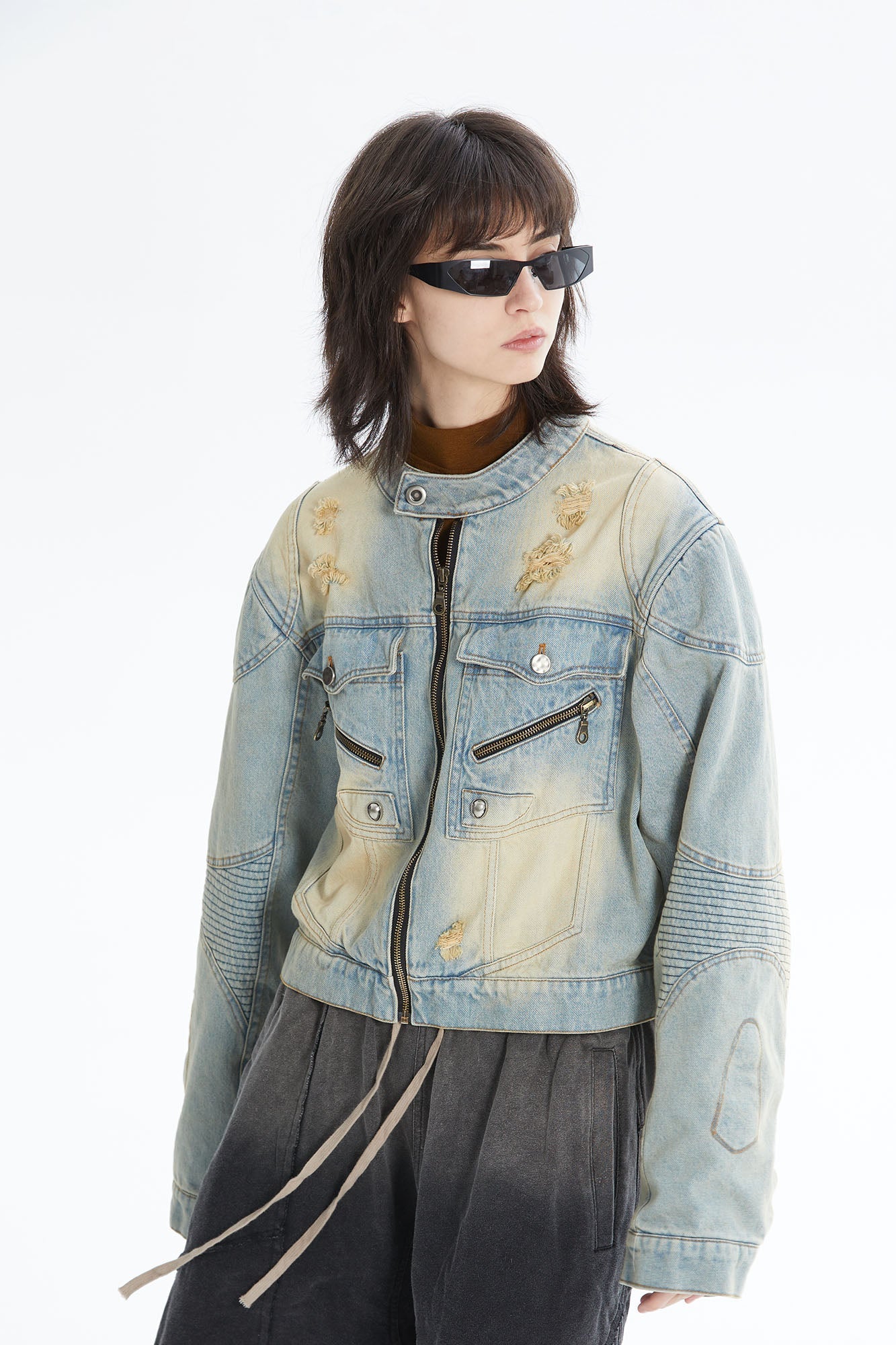ERROR CODE ROBOT Distressed Washed Cropped Biker Denim Jacket
