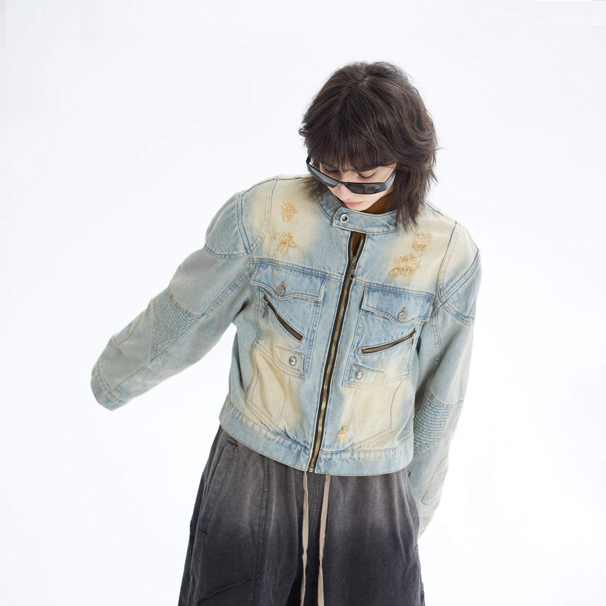 ERROR CODE ROBOT Distressed Washed Cropped Biker Denim Jacket