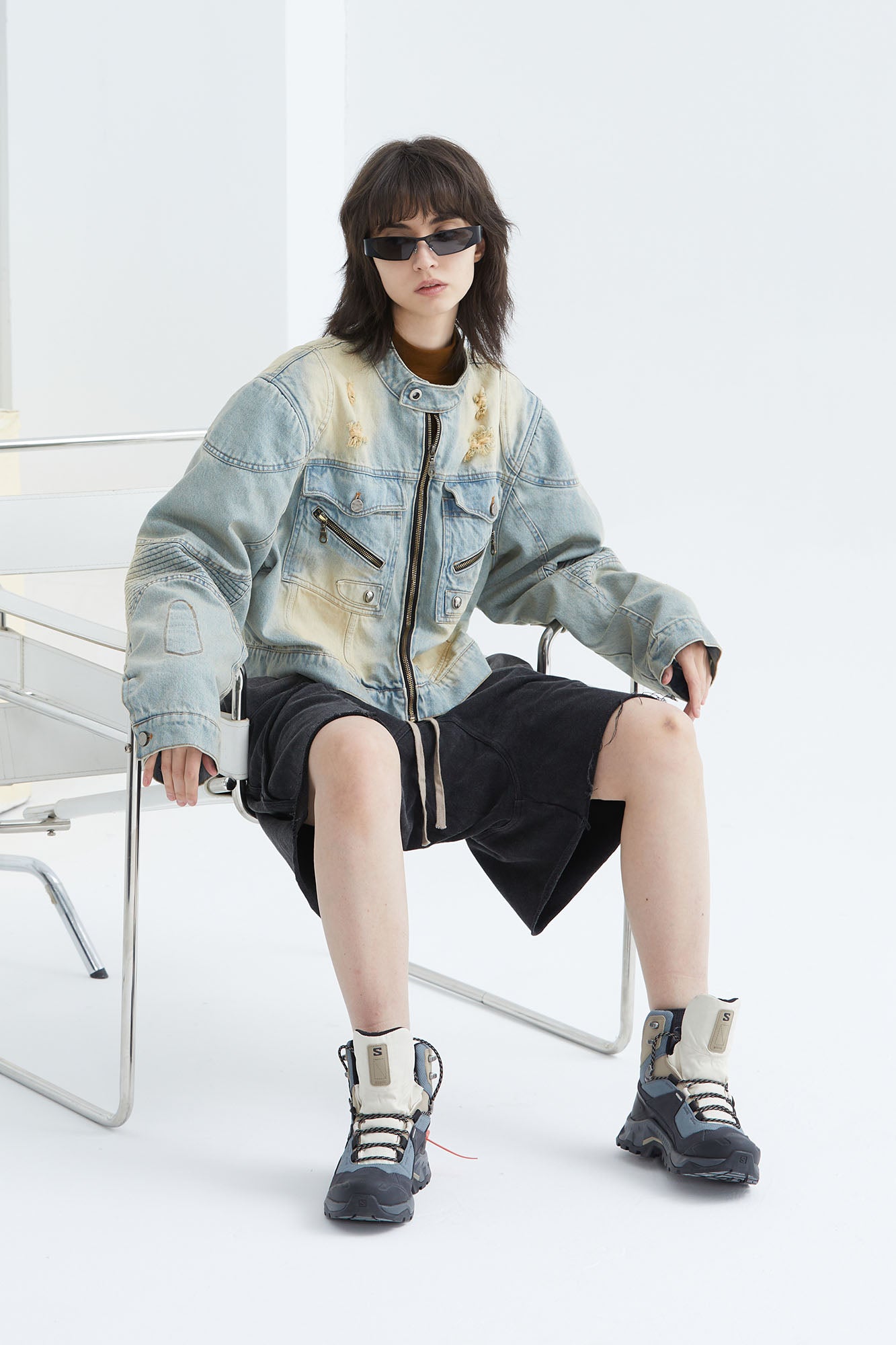 ERROR CODE ROBOT Distressed Washed Cropped Biker Denim Jacket