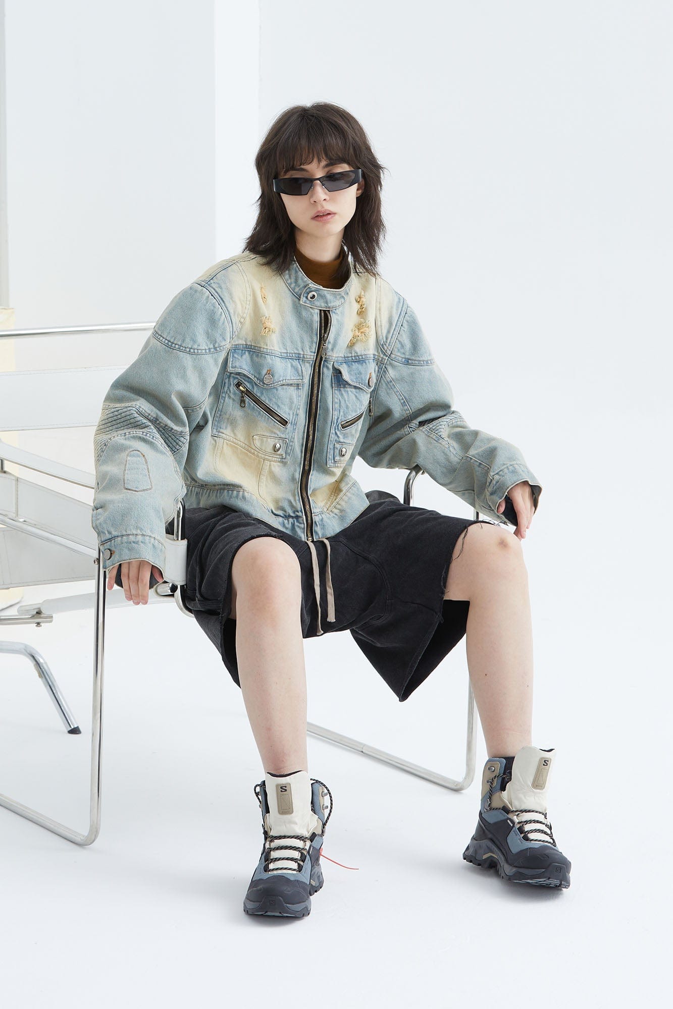 ERROR CODE ROBOT Distressed Washed Cropped Biker Denim Jacket
