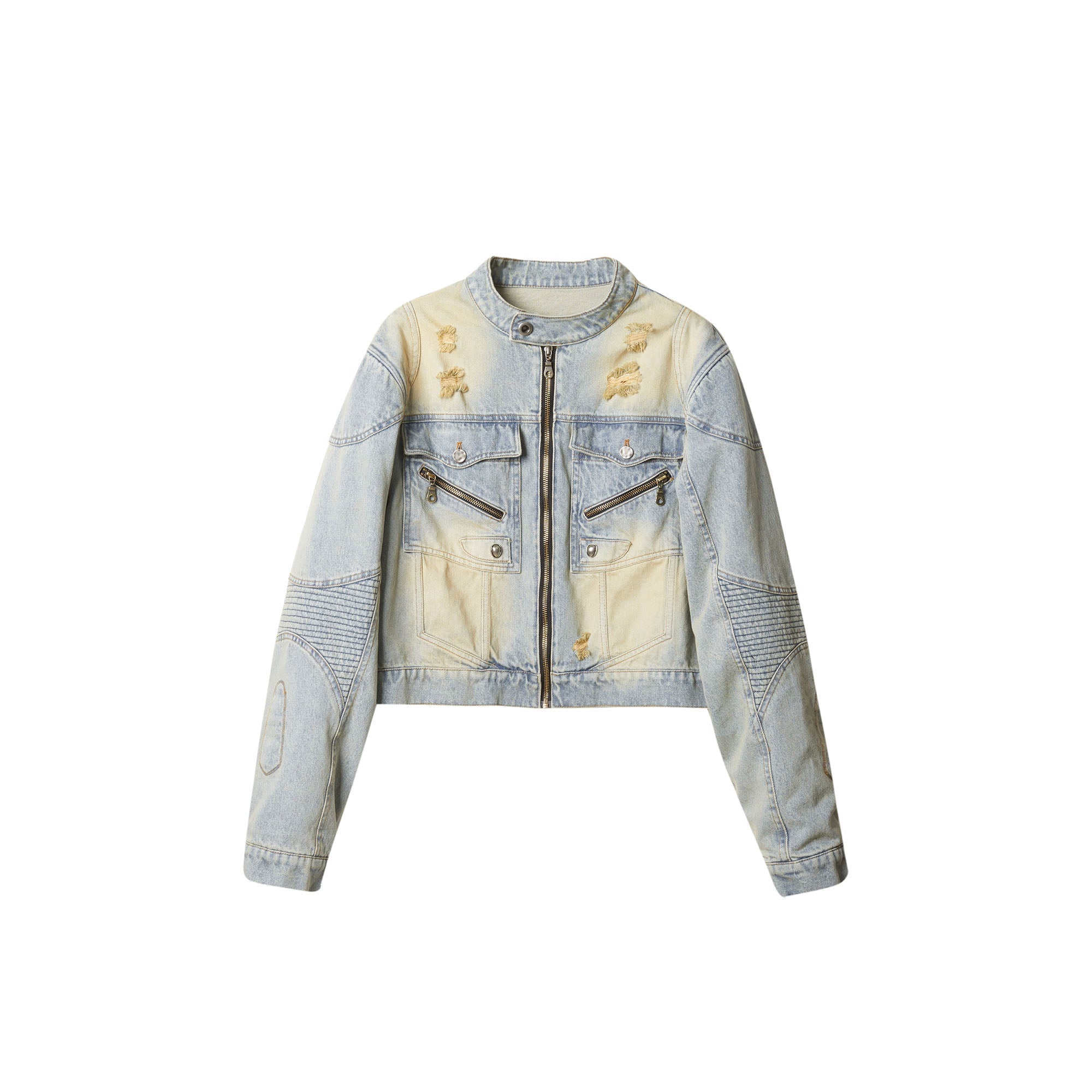 ERROR CODE ROBOT Distressed Washed Cropped Biker Denim Jacket
