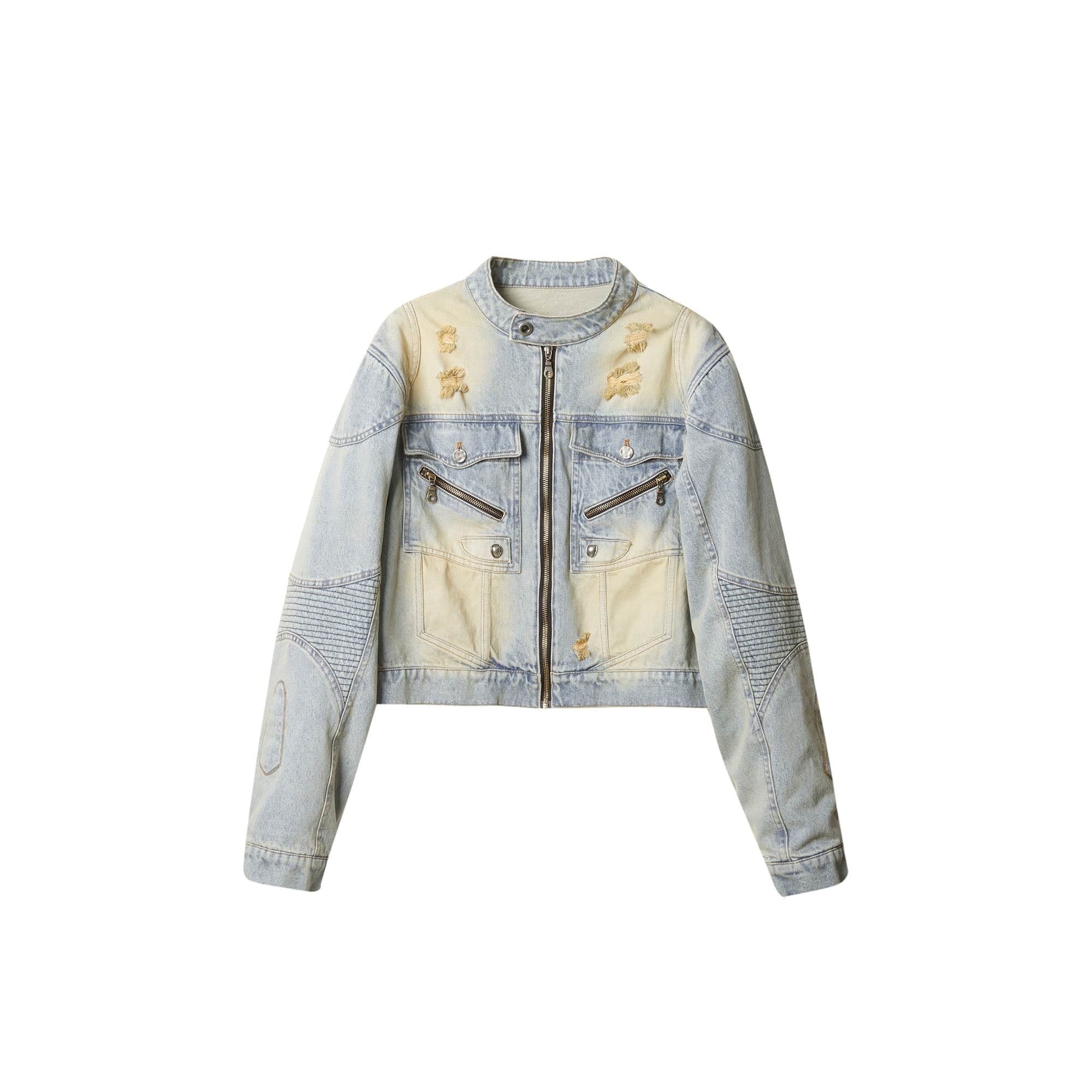 ERROR CODE ROBOT Distressed Washed Cropped Biker Denim Jacket