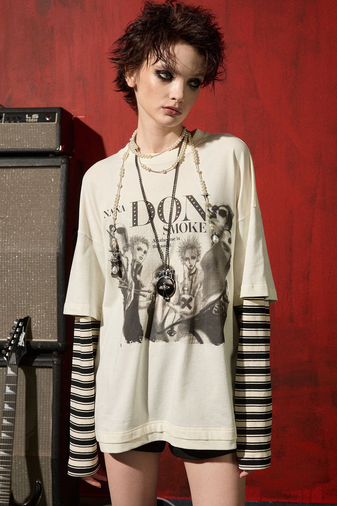 DONSMOKE×NANA Punk Striped Layered Long-Sleeve Tee