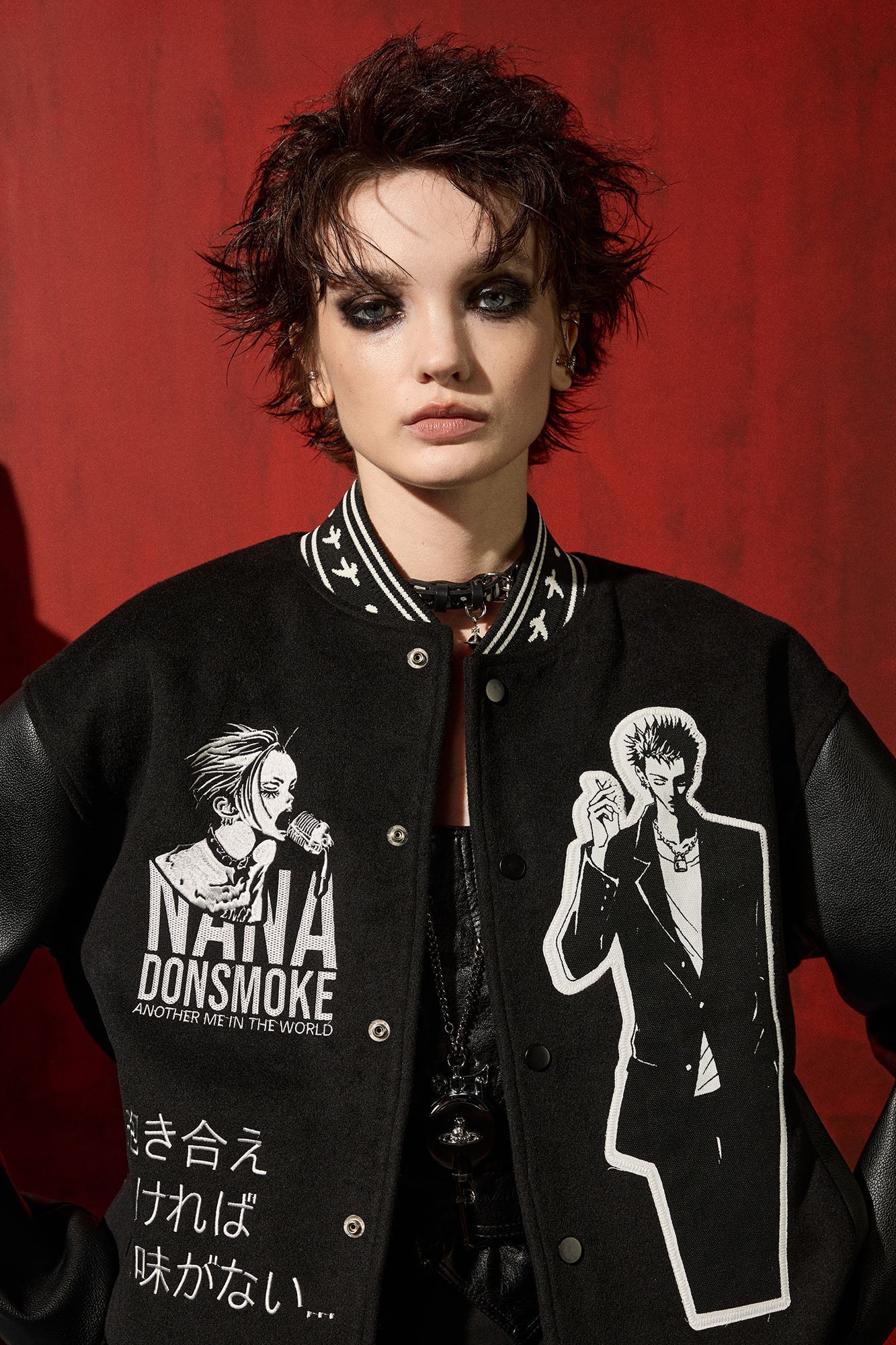 DONSMOKE × NANA PU Panel Anime Patch Varsity Jacket