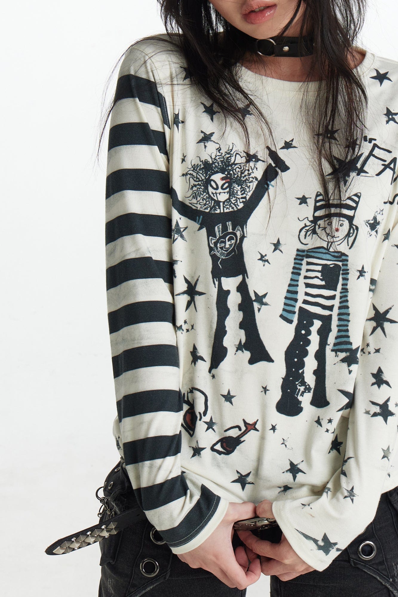 FAYCHUI Cartoon Graphic Stripe-Sleeve Long Sleeve Tee