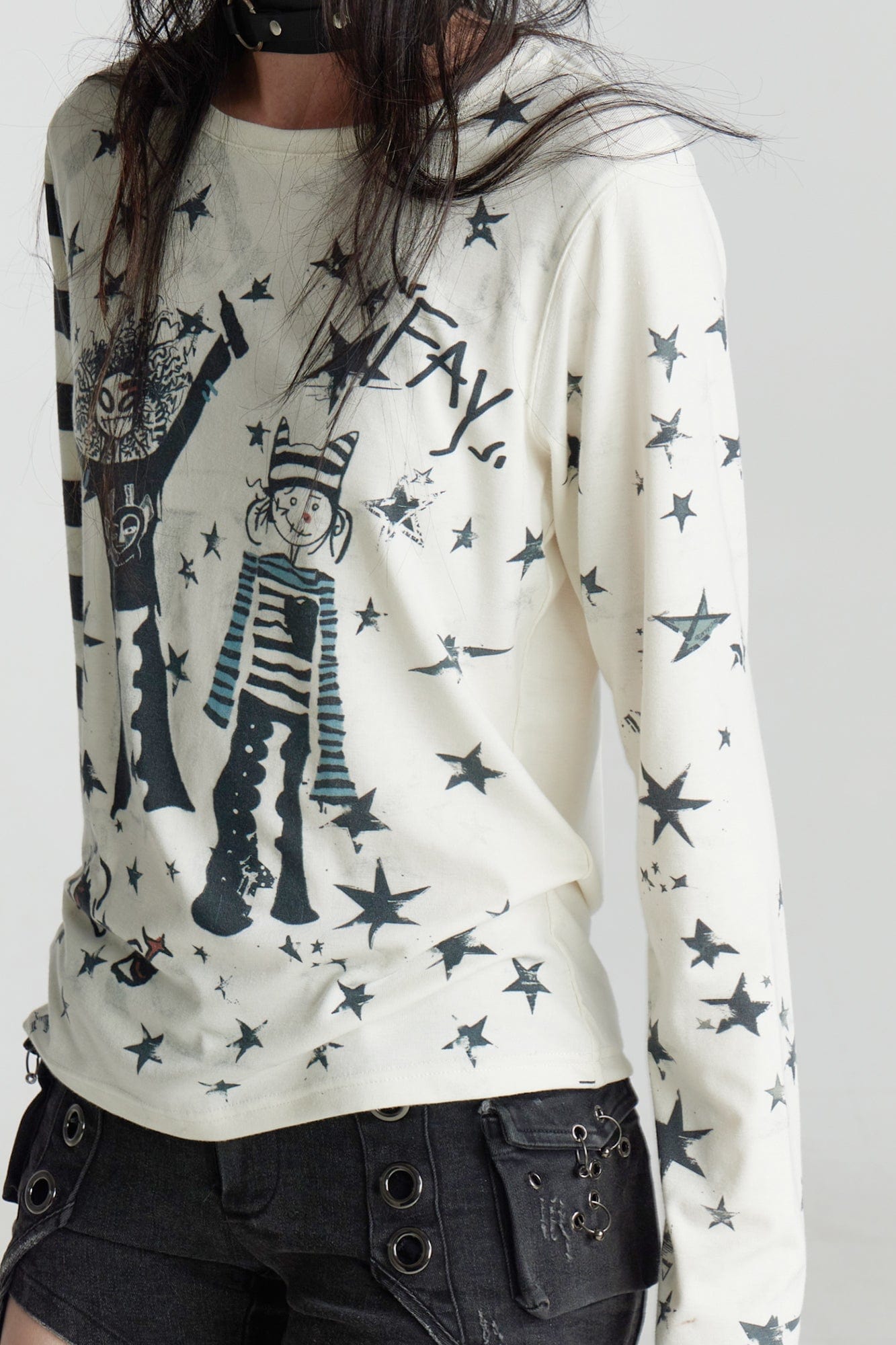 FAYCHUI Cartoon Graphic Stripe-Sleeve Long Sleeve Tee
