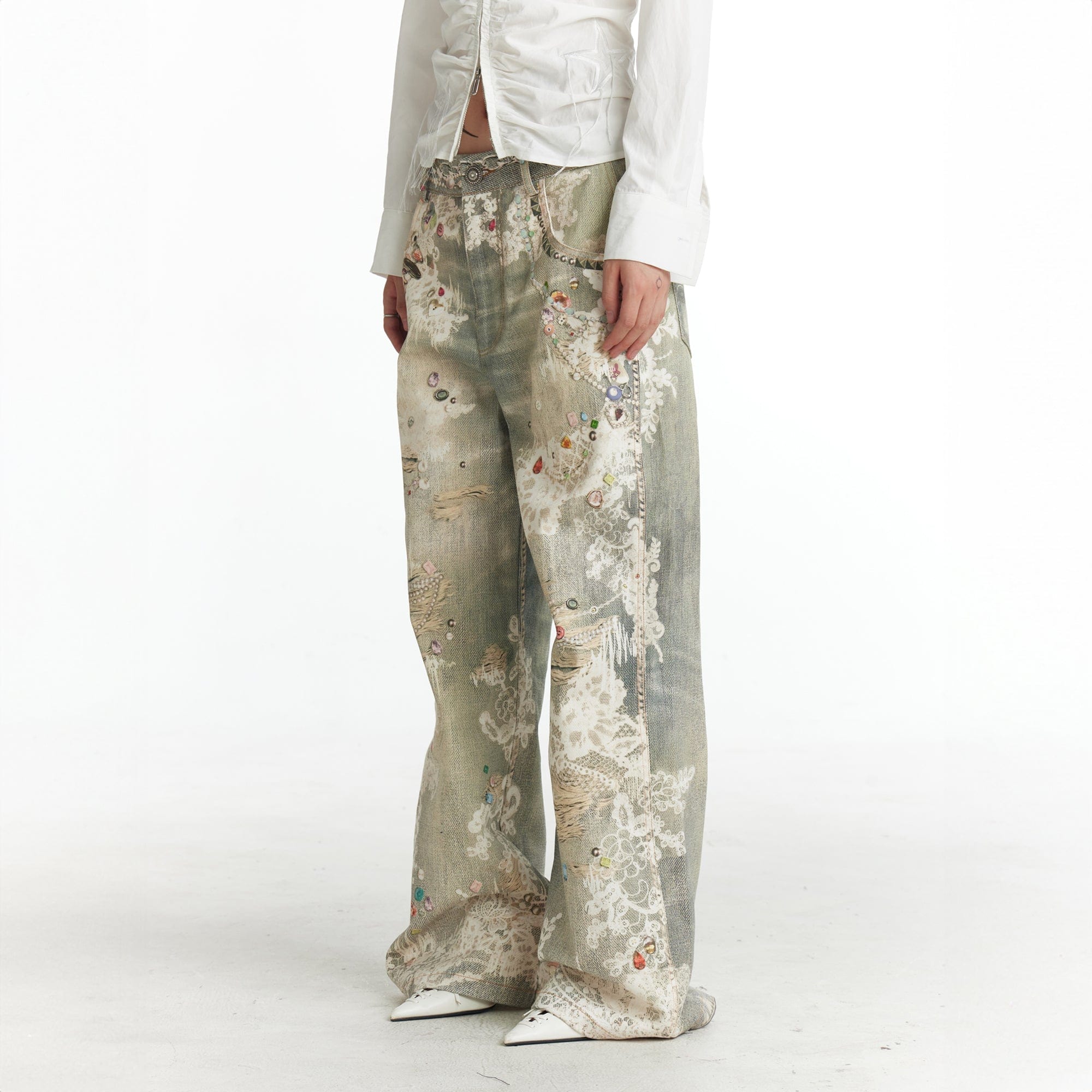 DND4DES×Faychui Distressed Gem&Lace Jeans, premium urban and streetwear designers apparel on PROJECTISR.com, DND4DES