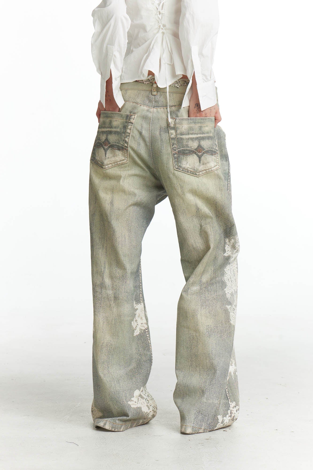 DND4DES×Faychui Distressed Gem&Lace Jeans, premium urban and streetwear designers apparel on PROJECTISR.com, DND4DES