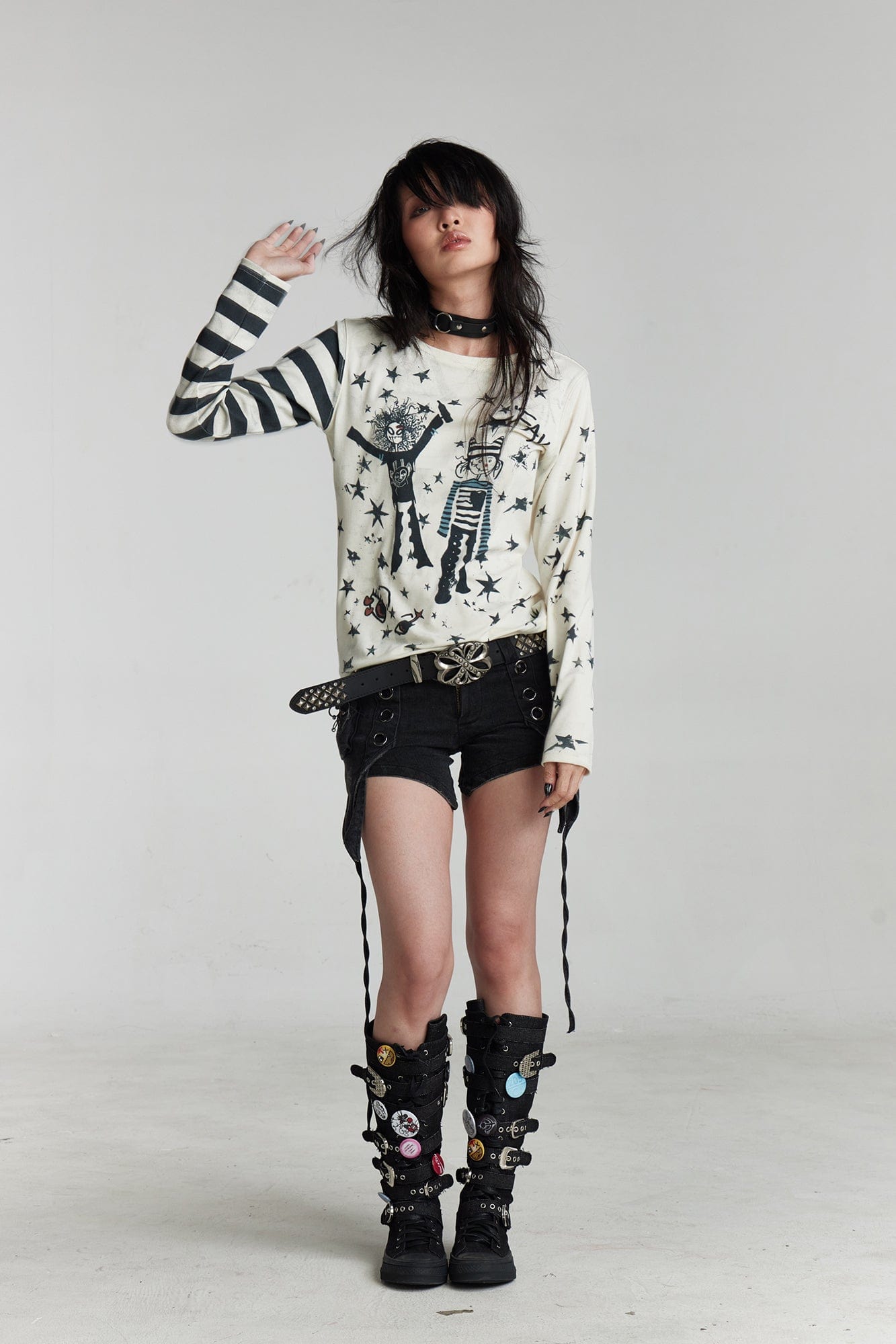 FAYCHUI Cartoon Graphic Stripe-Sleeve Long Sleeve Tee