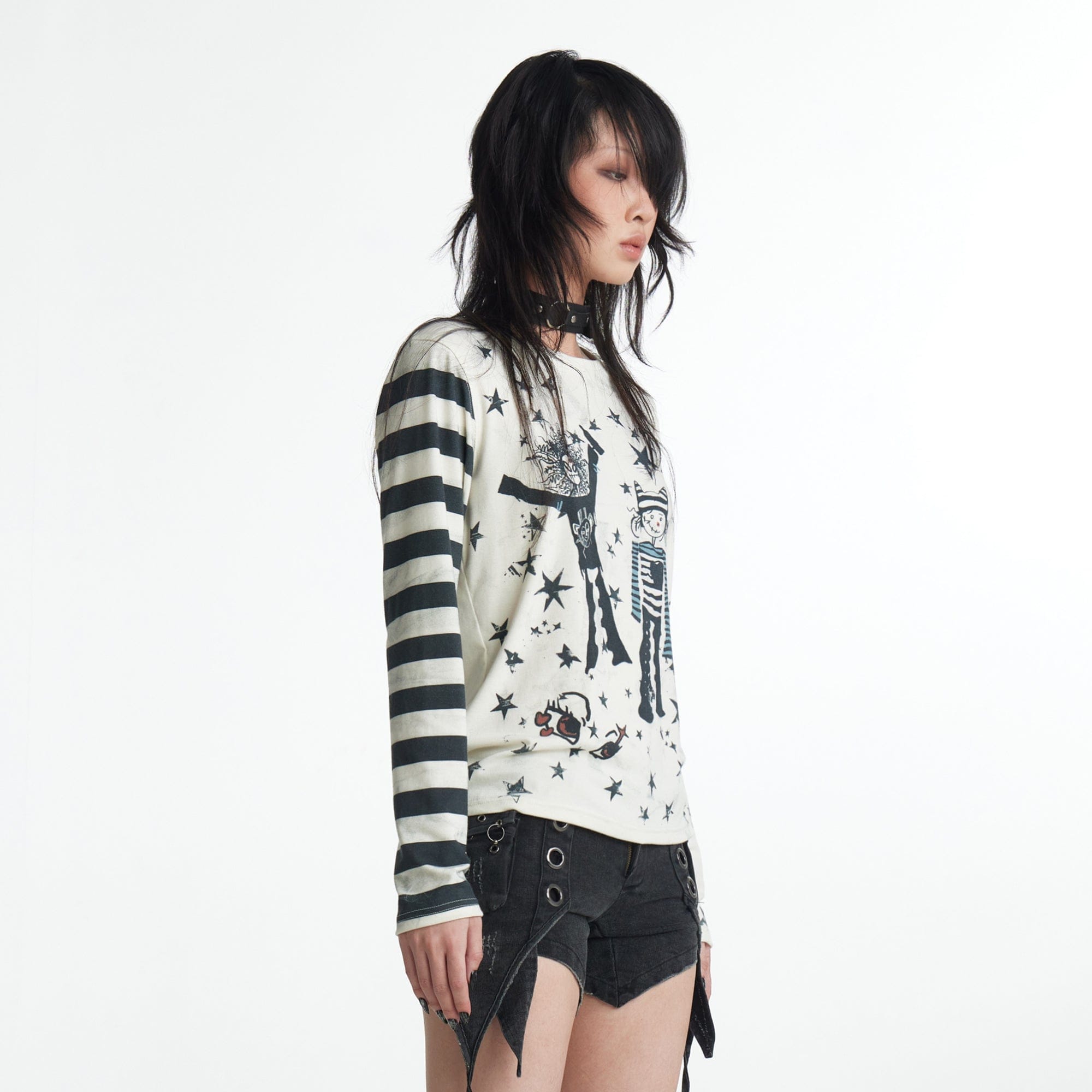 FAYCHUI Cartoon Graphic Stripe-Sleeve Long Sleeve Tee